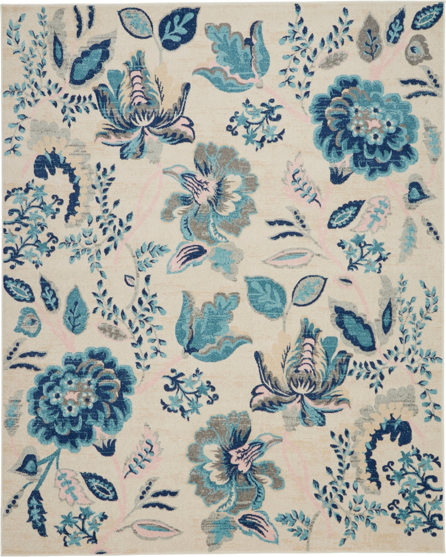 Beige rectangular area rug featuring blue and teal florals with pink accents and leafy vines in a Persian-inspired pattern.