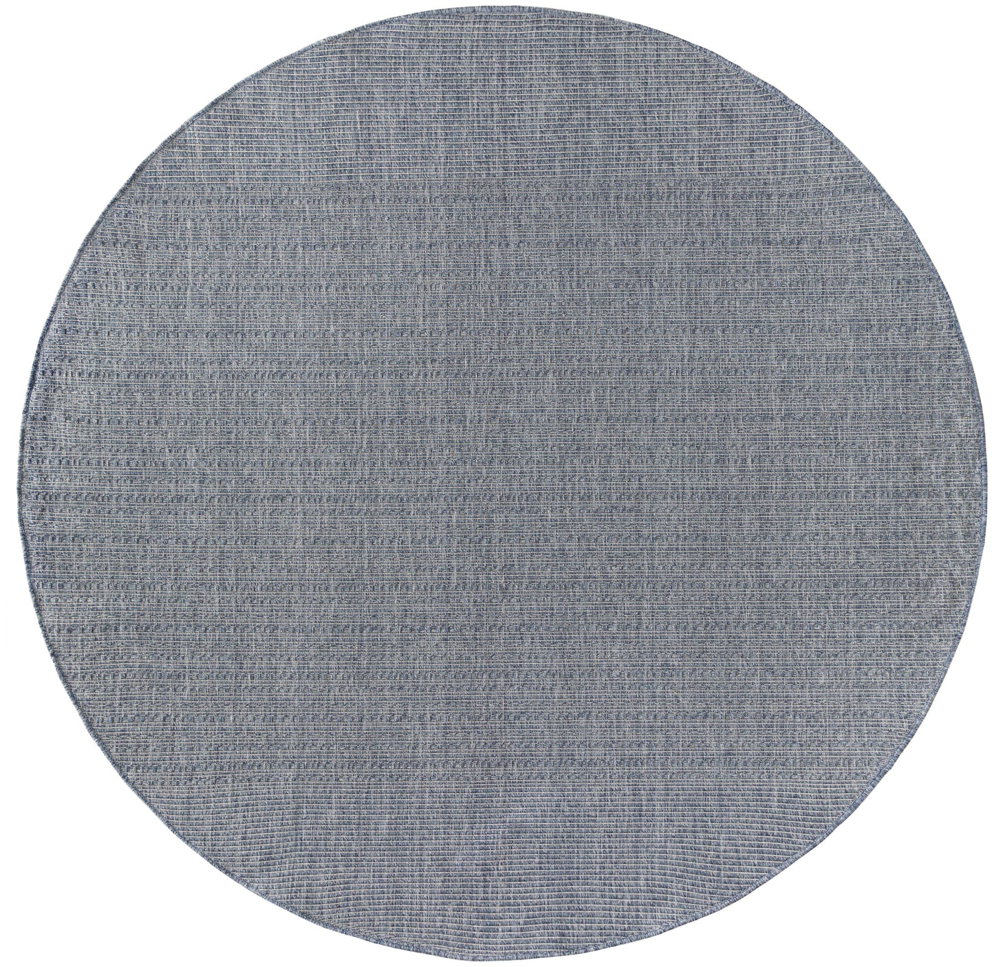 Round blue-gray woven outdoor rug with subtle horizontal stripes and a textured finish.