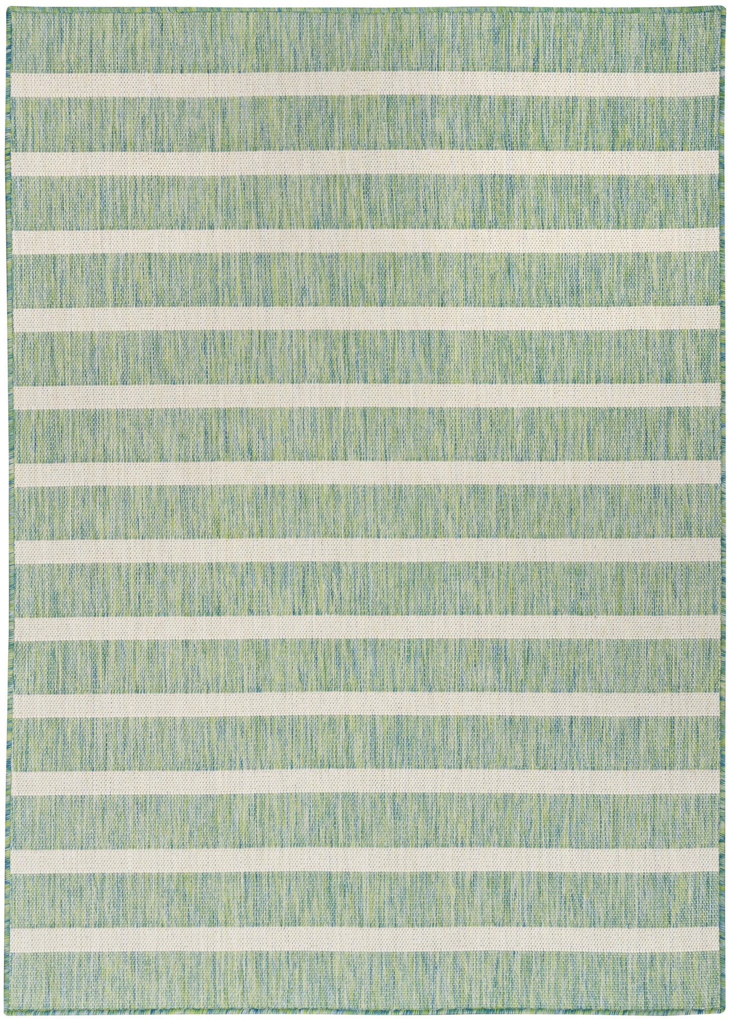 Rectangular woven rug with cream horizontal stripes on a green-blue textured field; casual coastal style.