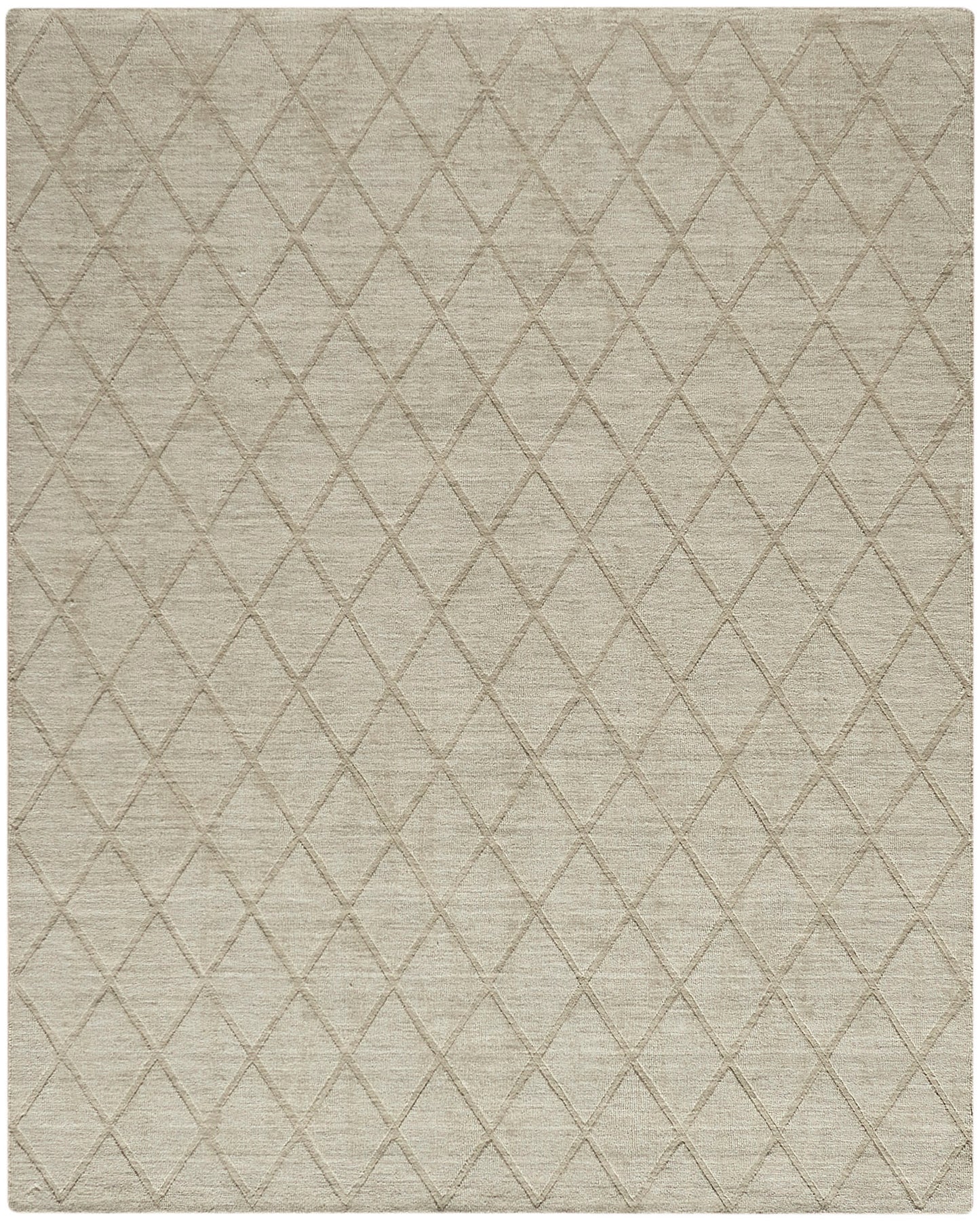 Beige rectangular woven rug with a subtle light taupe diamond lattice pattern, modern geometric style.