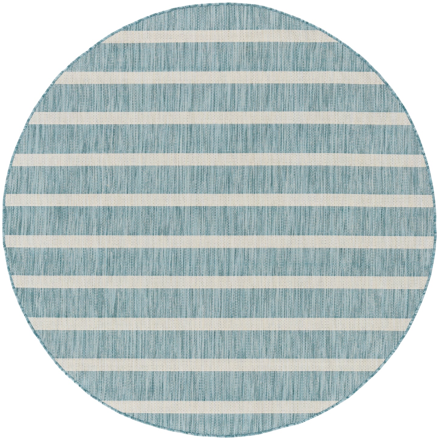Round teal-blue rug with cream horizontal stripes; textured woven surface, coastal striped design.