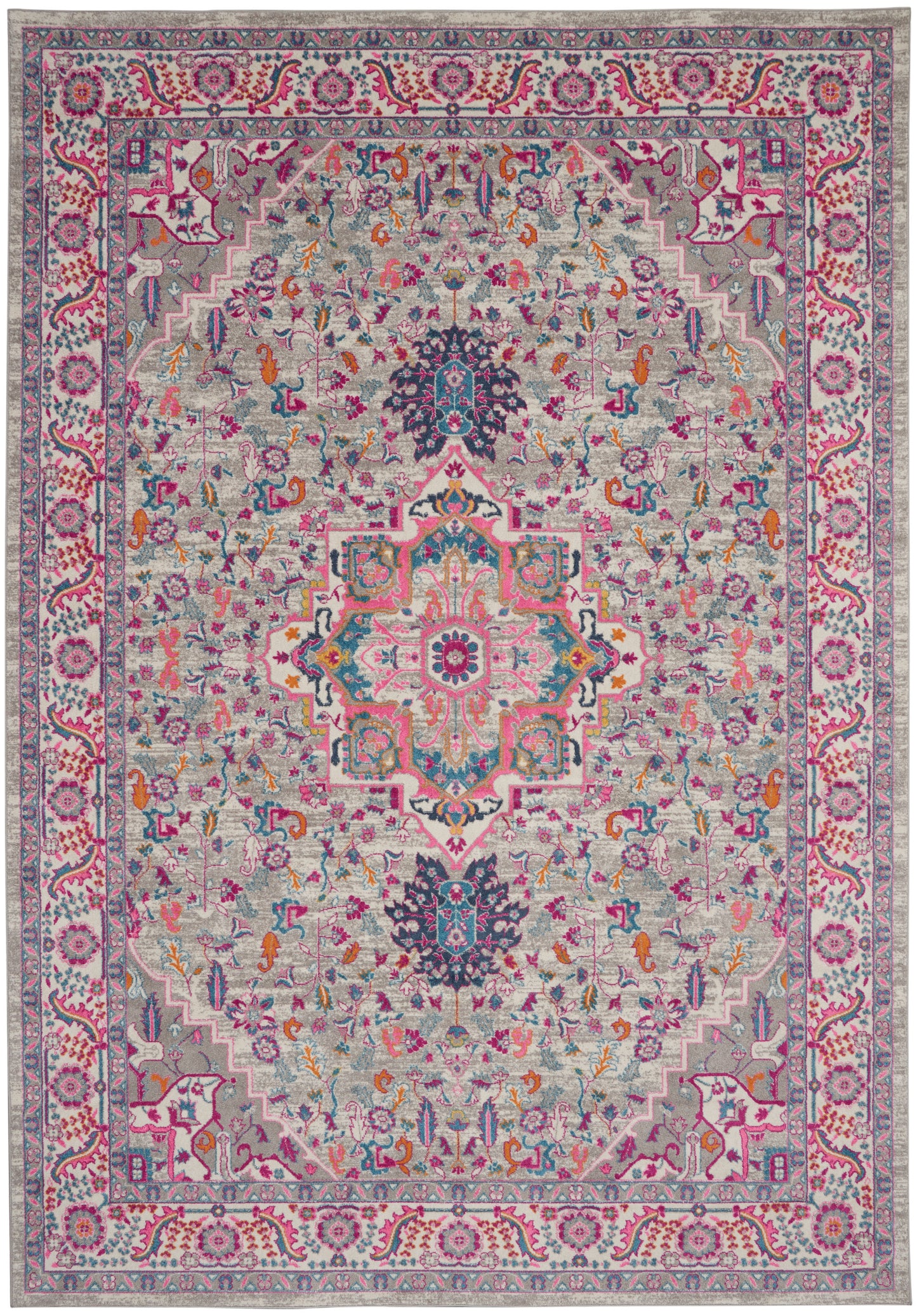 Colorful Persian-style rug with a central medallion on a light gray field, featuring pinks, teals, blues and intricate floral borders.