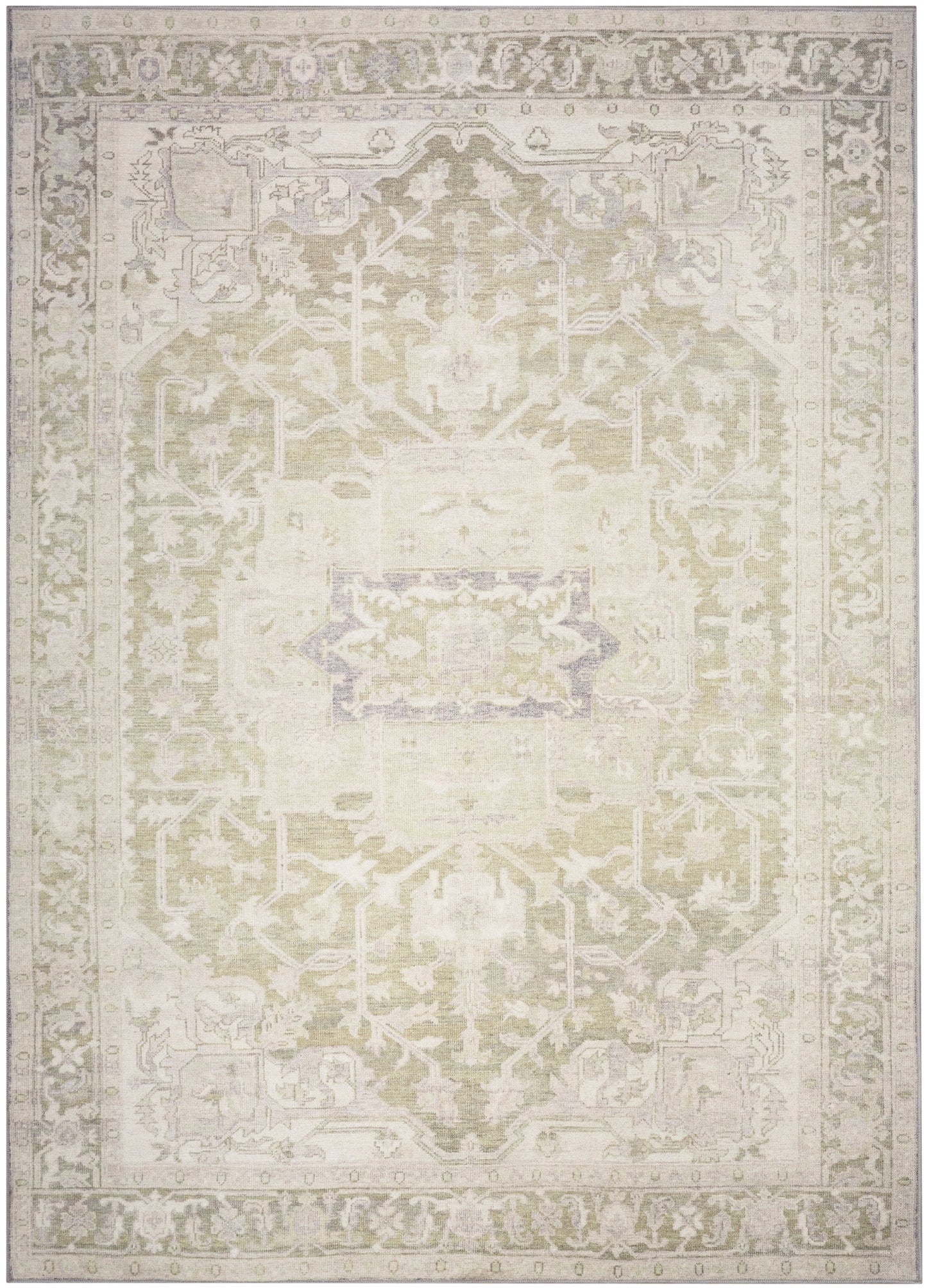 Rectangular vintage-style oriental rug in ivory, beige and pale gray with a distressed medallion pattern and ornate border.