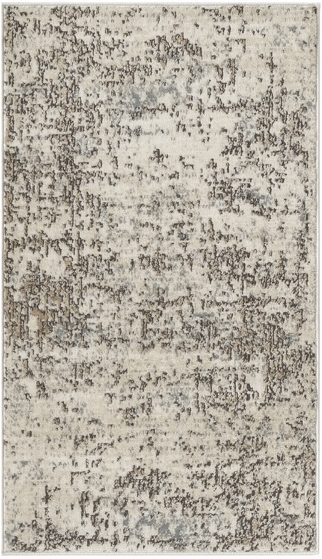 Rectangular area rug with cream base and smoky gray distressed abstract pattern; modern neutral decor.
