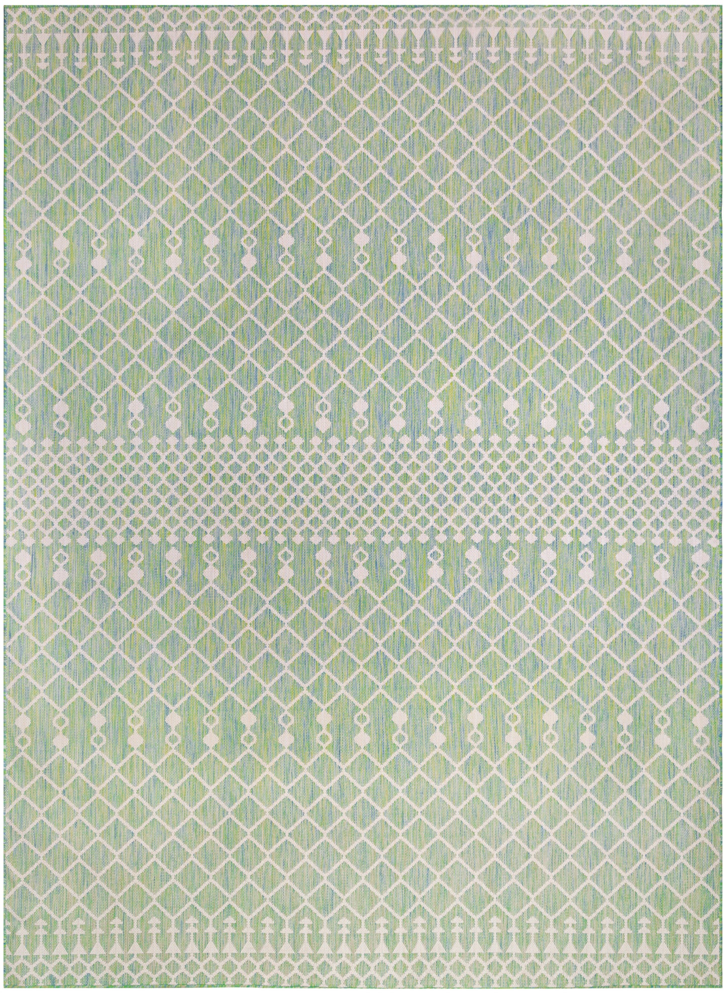 Mint green woven rug with white lattice pattern and a dotted central band.