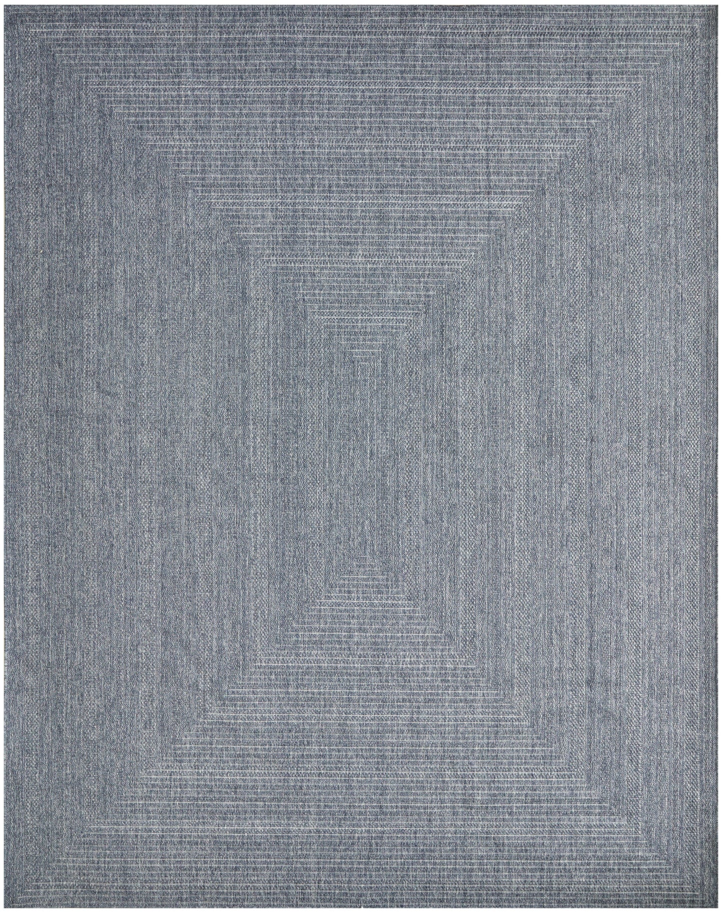 Blue-gray rectangular rug with subtle woven geometric concentric square/diamond pattern and textured stripes.