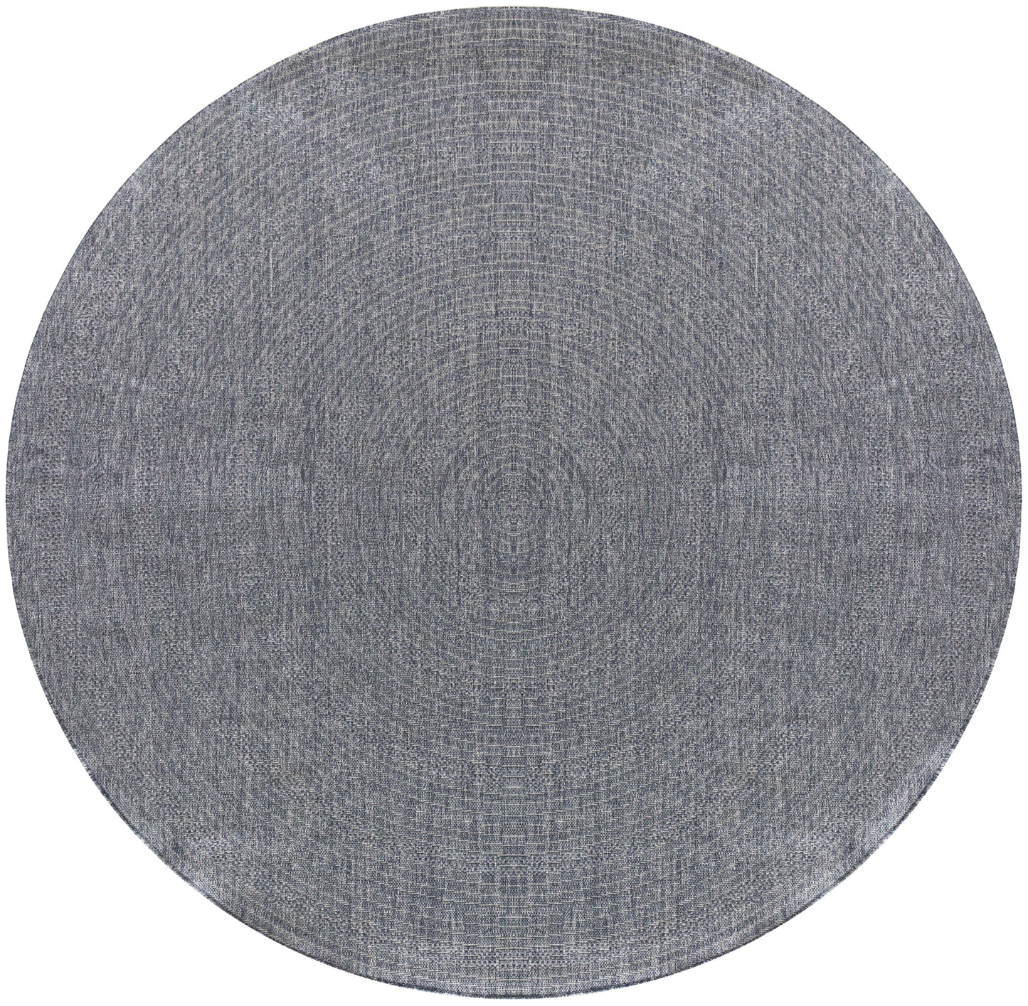 Round blue-gray woven rug with subtle heather texture and concentric ring pattern.