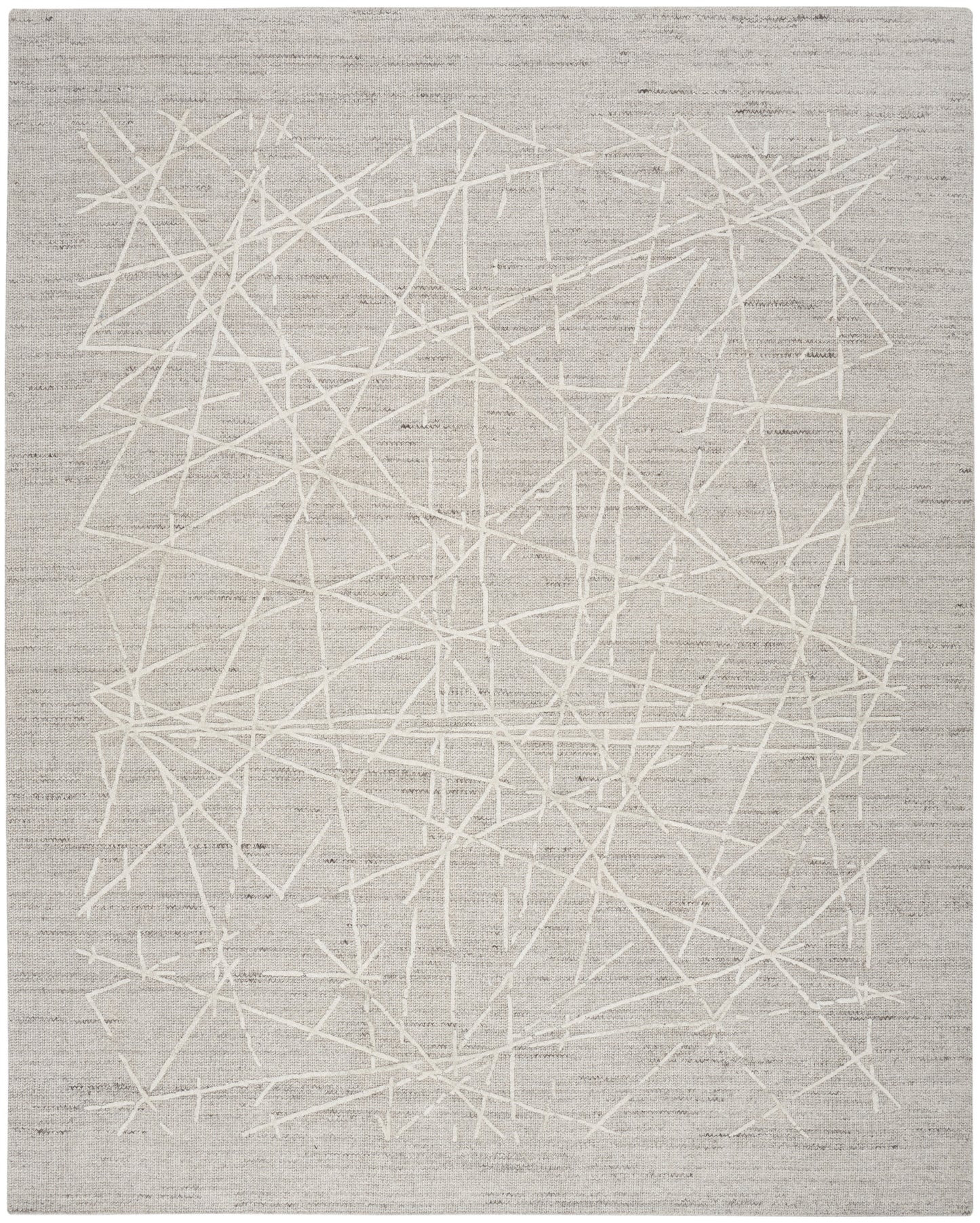 Light gray area rug with white abstract intersecting lines; contemporary woven pattern for living room or bedroom.