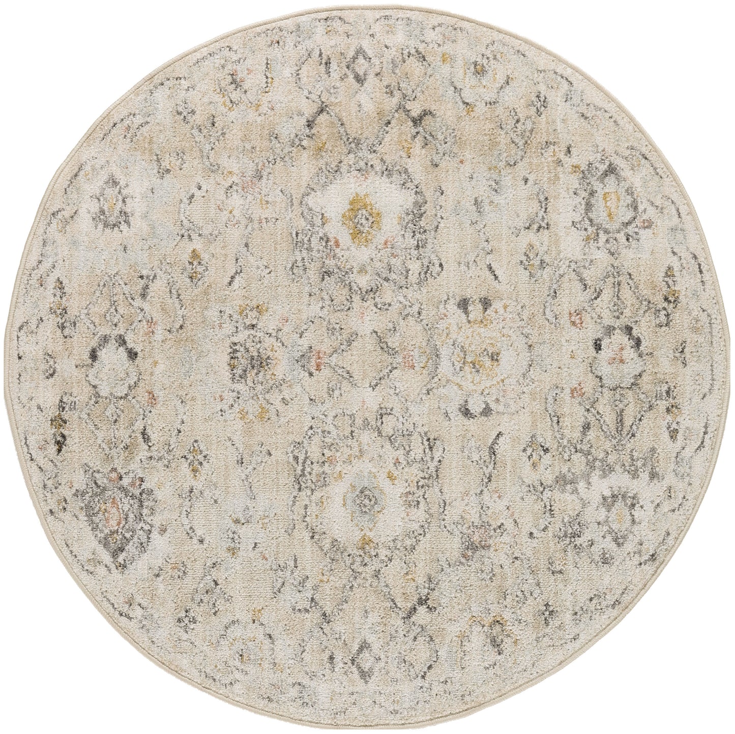 Round beige rug with distressed medallion pattern in gray, ivory and pale yellow.