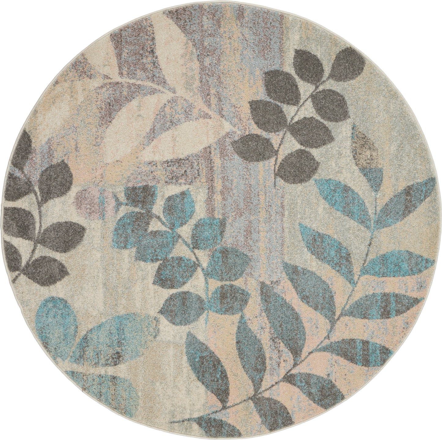Round rug with beige background and blue-teal leafy vine pattern, soft textured look.