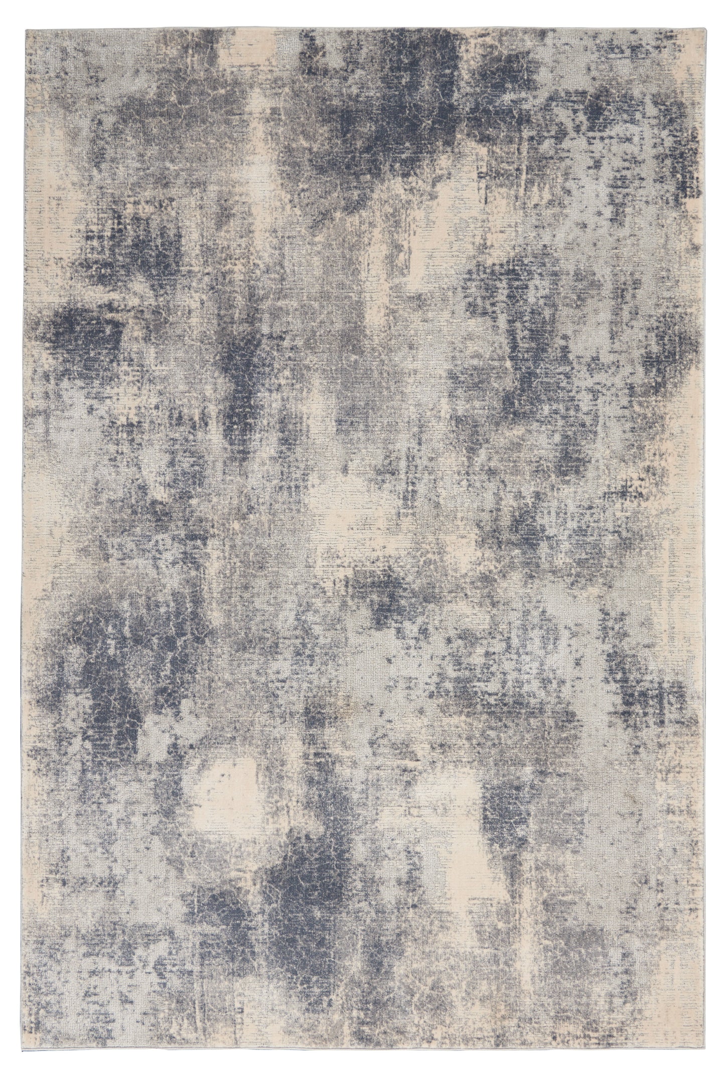 Abstract blue-gray and cream distressed area rug with marbled pattern for modern living spaces.