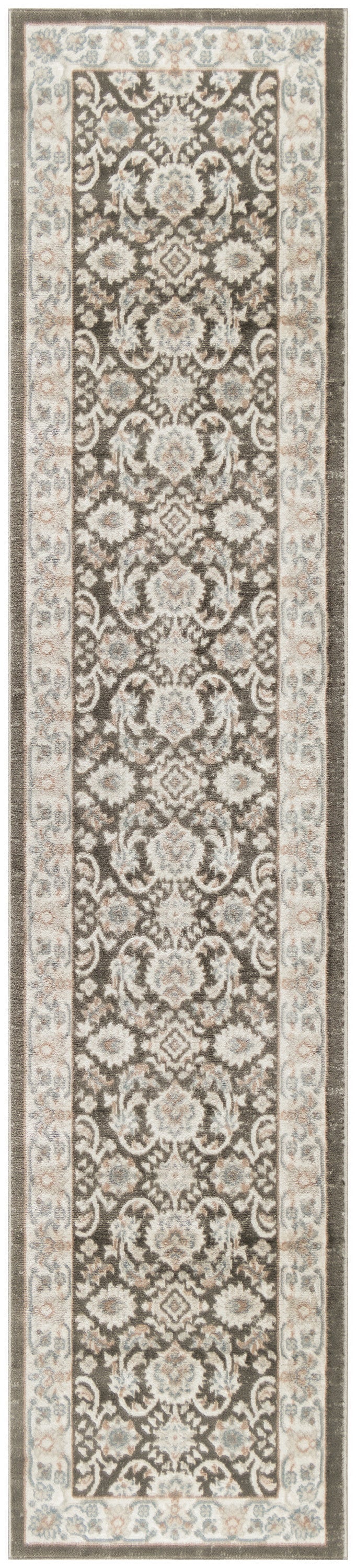 Oriental-style rug runner with a dark brown central field, ivory floral motifs and light blue accents, beige border.