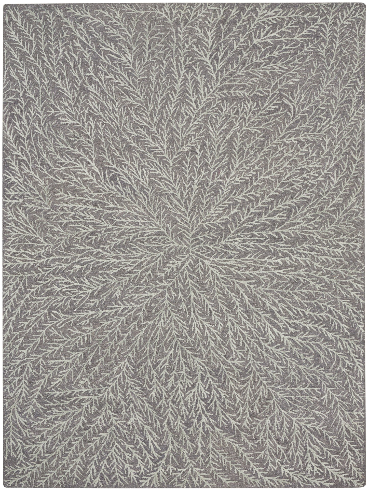 Grey rug with white dendritic, radiating branch pattern; soft textured surface, modern botanical decor for living spaces.