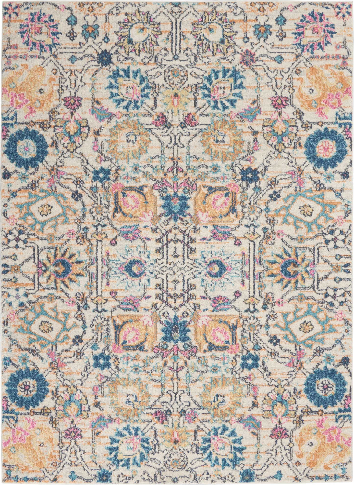Colorful oriental-inspired area rug with cream backdrop, teal, peach, pink and navy florals and an ornate lattice pattern.