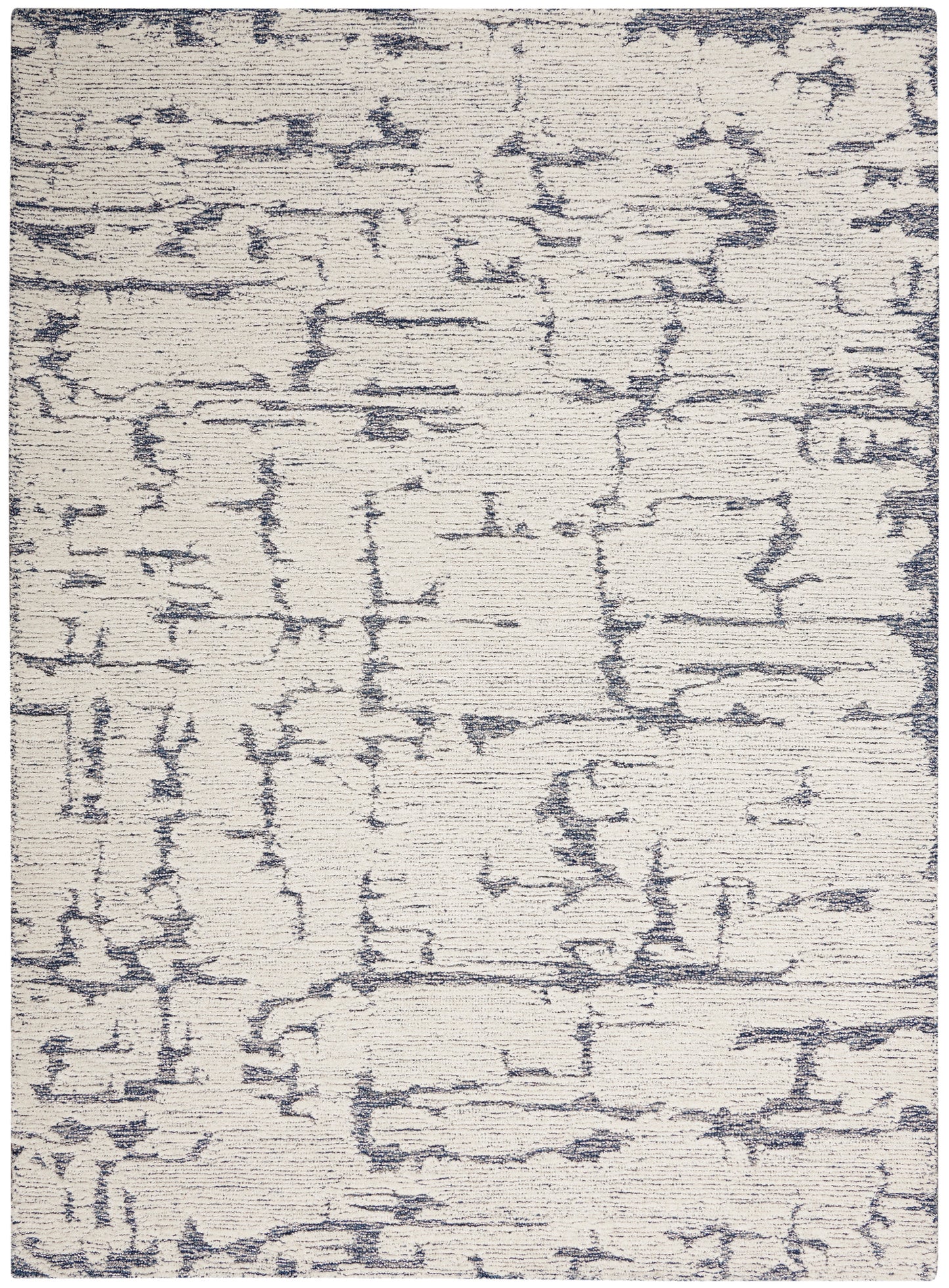 Cream area rug with blue-gray abstract lines; contemporary, textured pile.