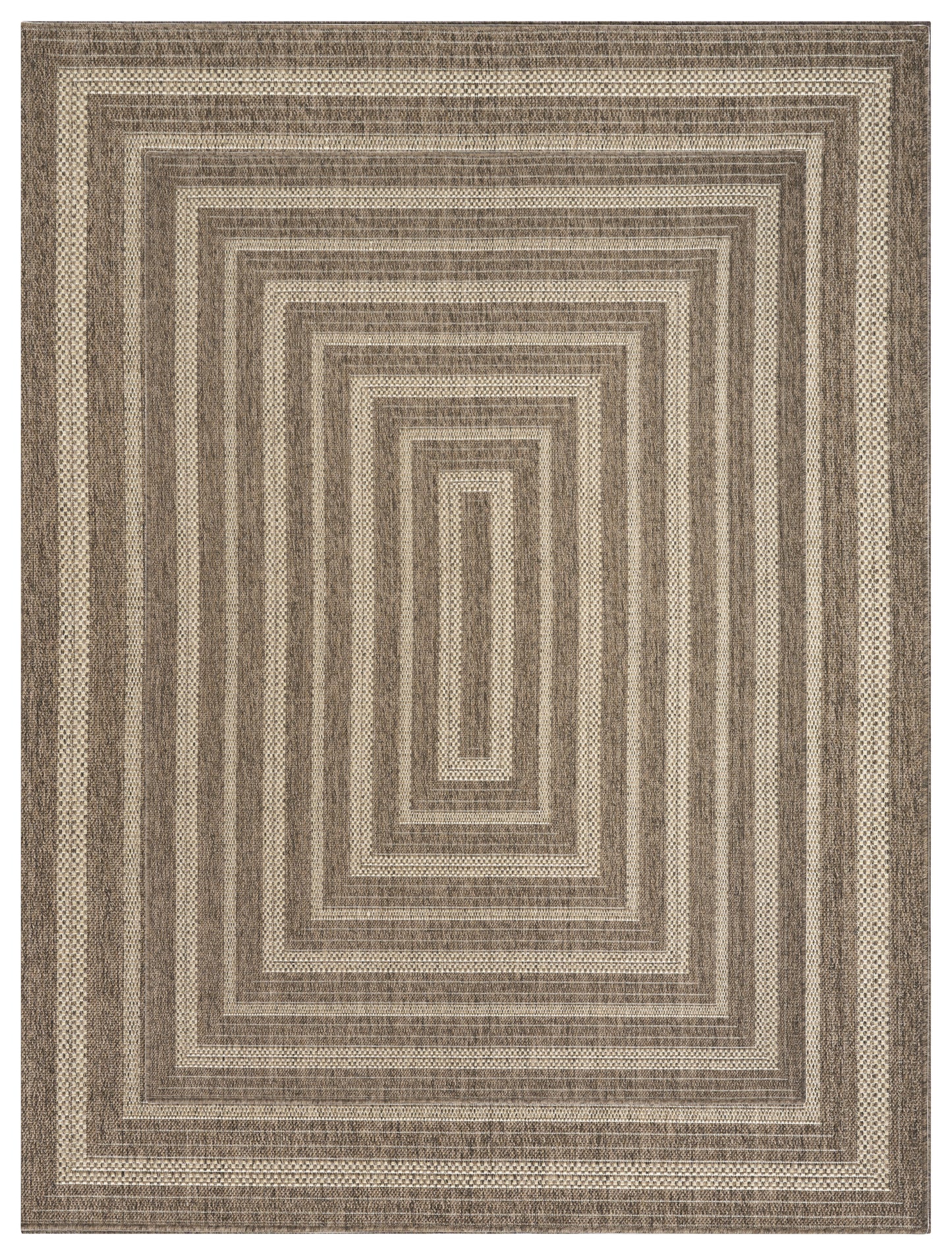 Rectangular woven area rug with concentric square borders in beige/taupe; modern geometric textured flatweave.