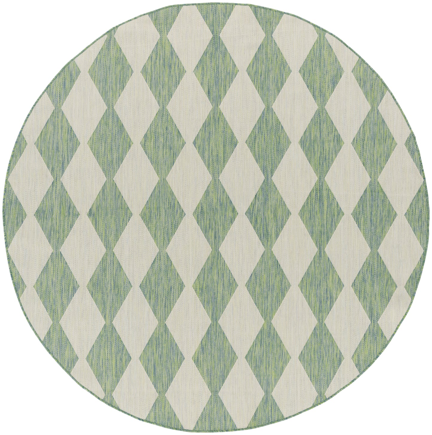 Round rug with beige and sage-green diamond harlequin pattern and a woven textured surface.