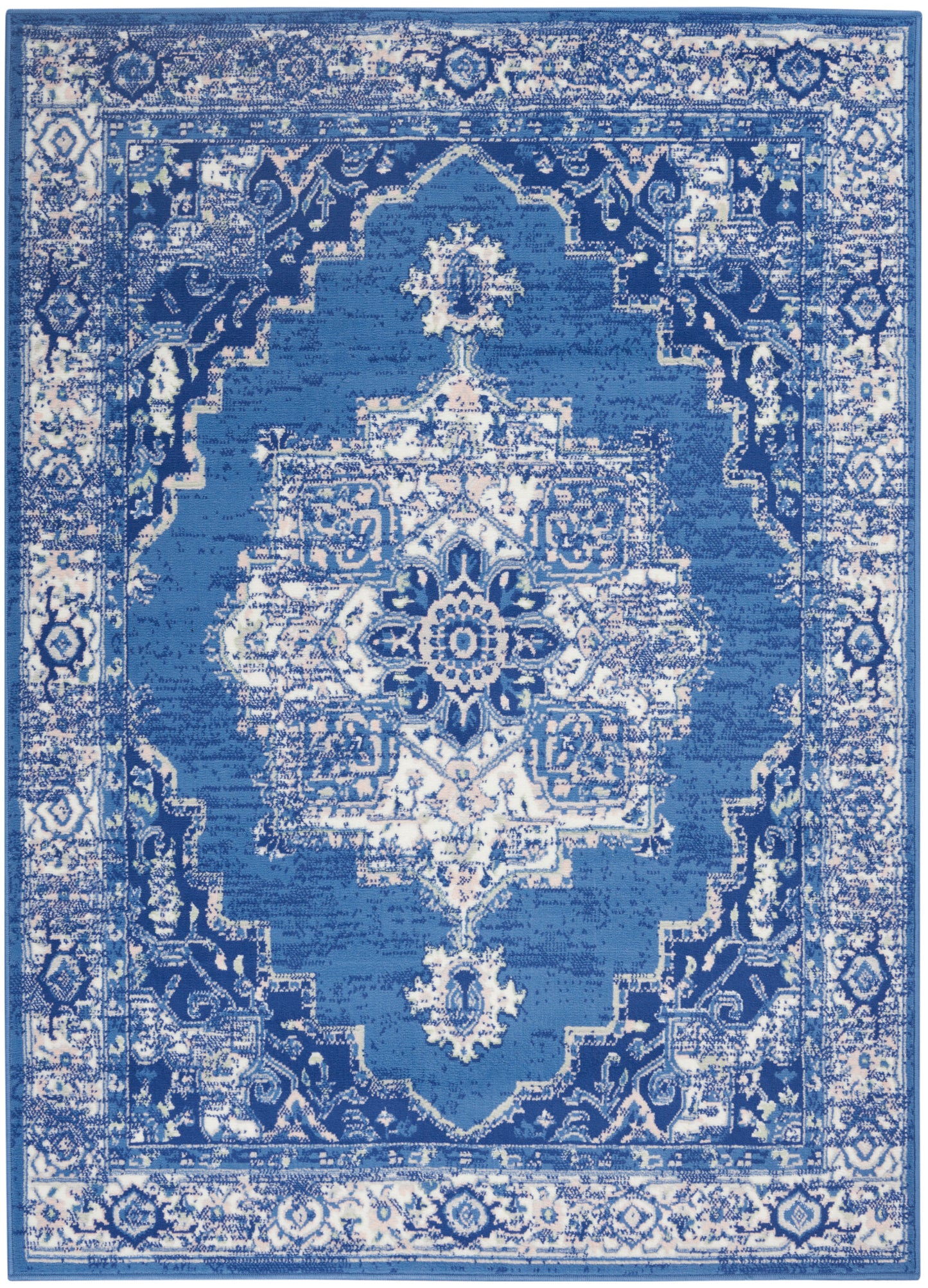 Blue and ivory Persian-style area rug with central medallion and intricate distressed border.