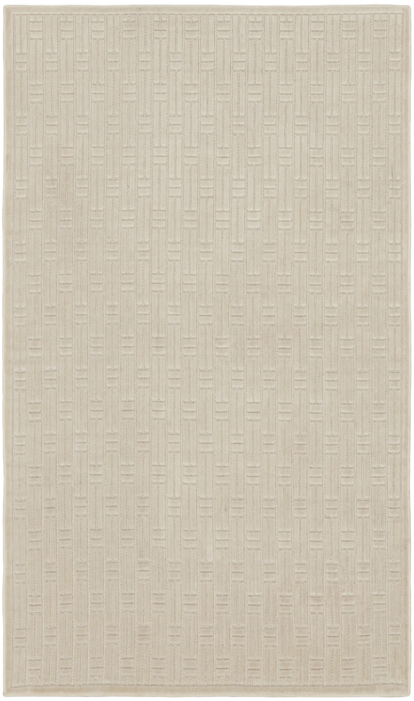 Beige rectangular area rug with subtle woven geometric pattern; neutral, versatile floor covering.