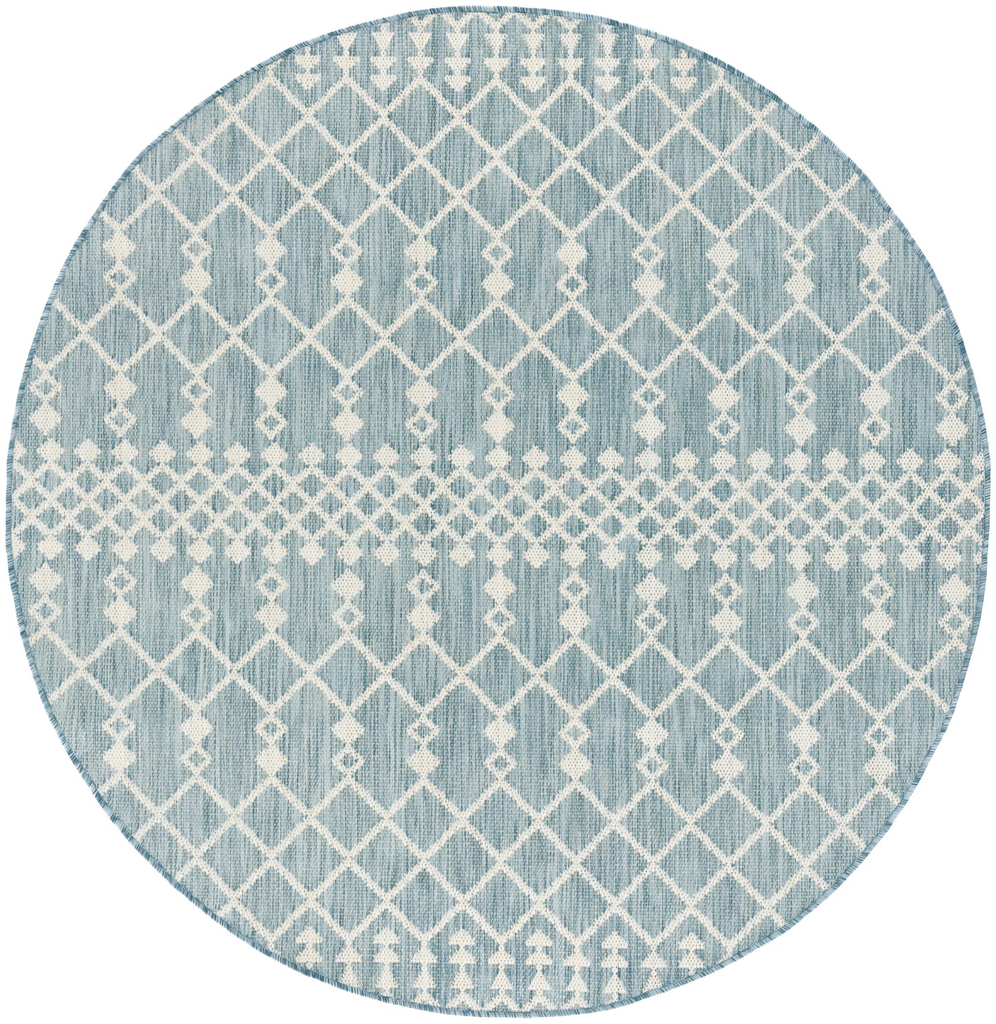 Round light-blue rug with white geometric lattice diamonds; modern coastal decor.