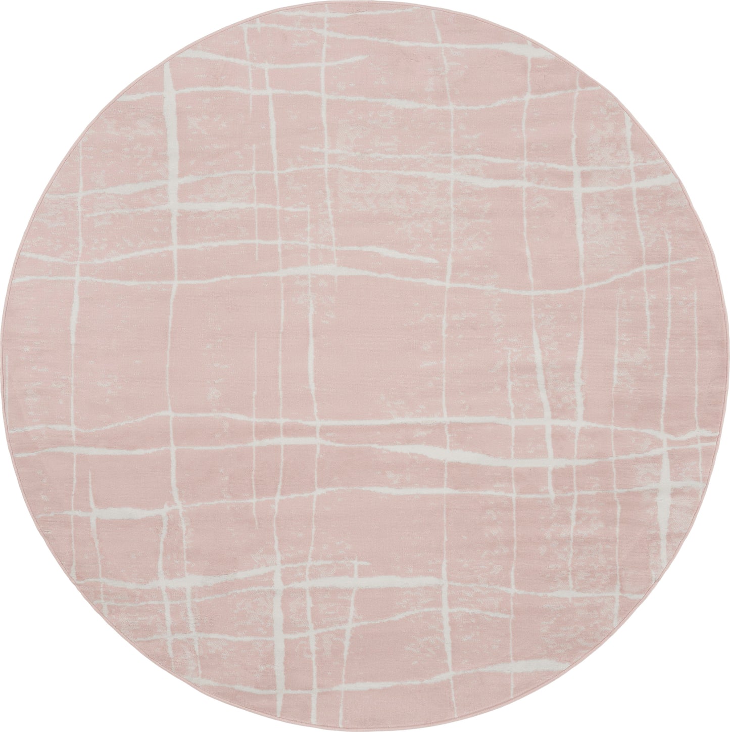 Round pink rug with white crosshatch grid pattern and soft texture.