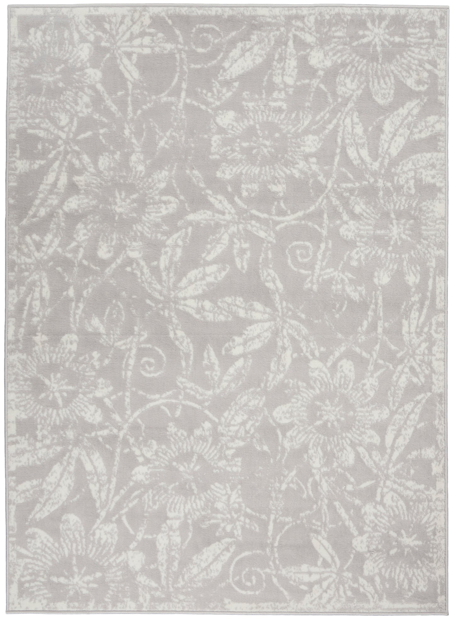 Light gray area rug with white floral damask pattern and a narrow border, decorative living-room rug.