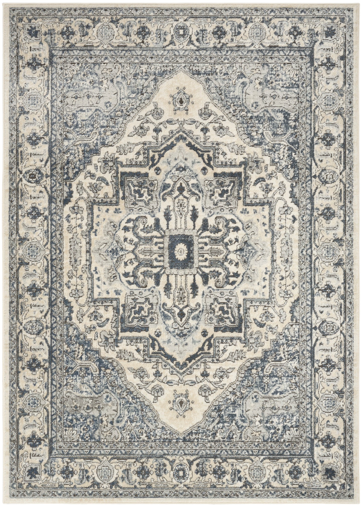 Rectangular oriental rug with ivory center and blue ornate medallion, floral border in navy and cream; Persian style.