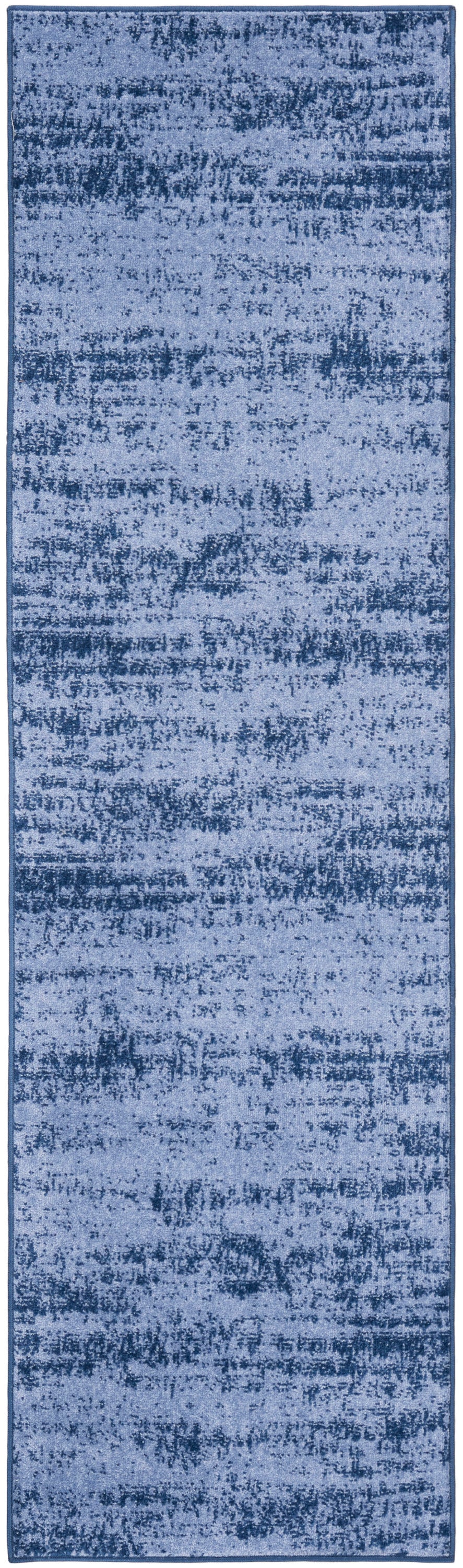Blue distressed abstract runner rug with textured pattern; rectangular, modern style for hallways or entryways.