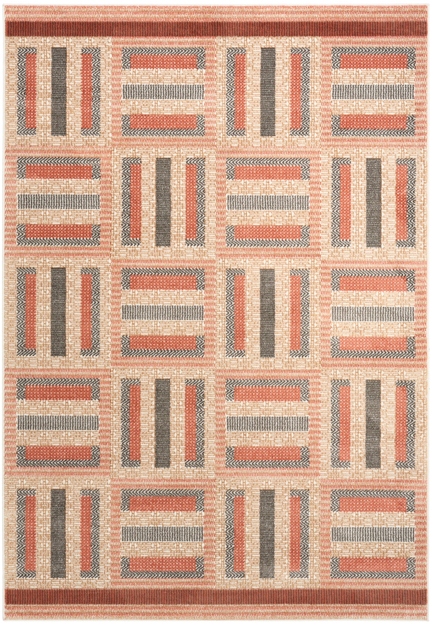 Geometric flat-weave area rug with coral & charcoal & beige blocks in a grid pattern; modern warm kilim-inspired design.