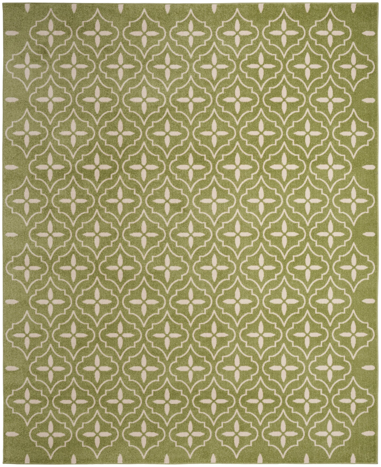 Olive-green area rug with a cream geometric quatrefoil lattice pattern in a Moroccan trellis style.