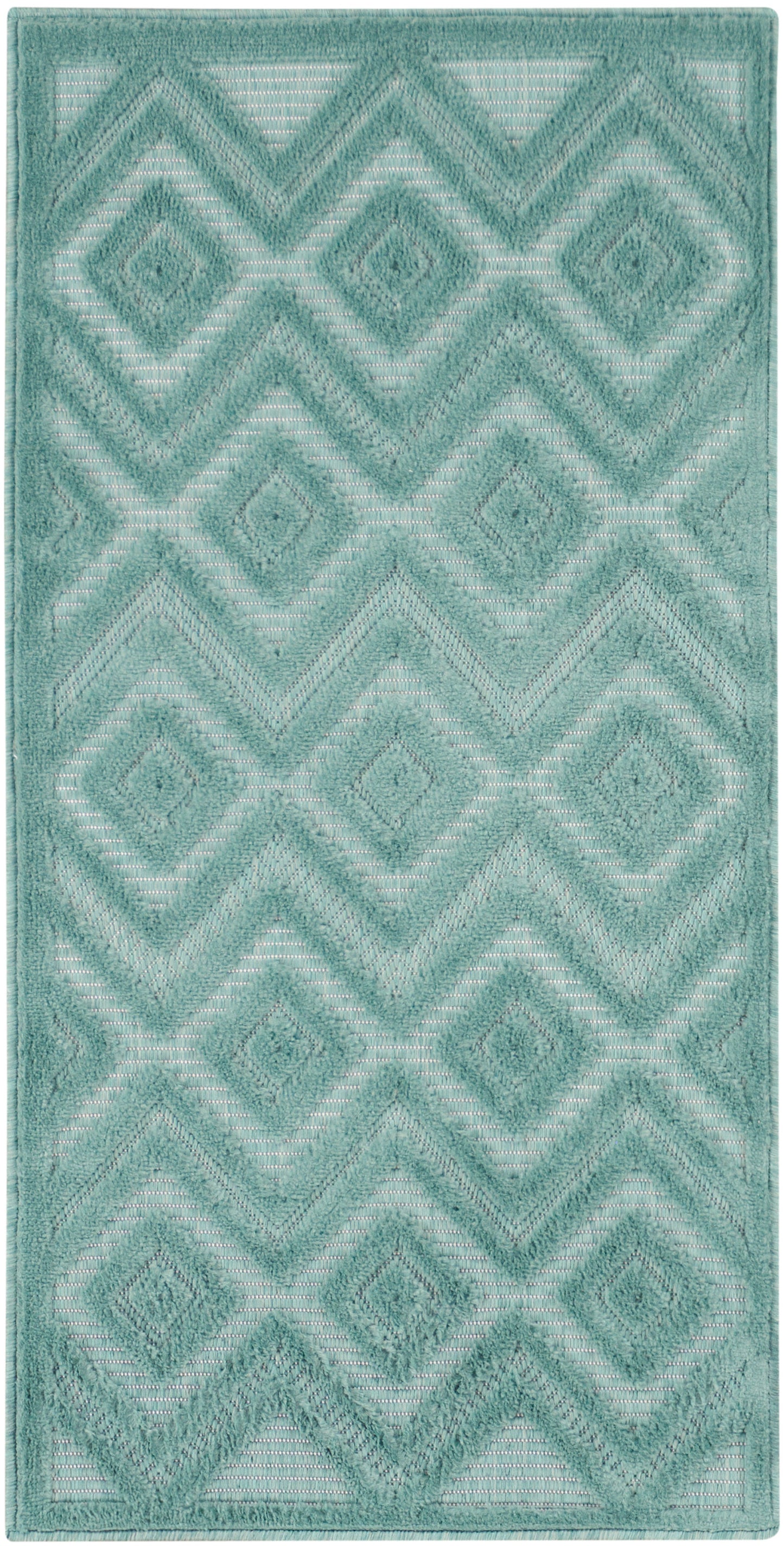 Teal geometric diamond-pattern area rug with plush loop-pile texture, rectangular shape.