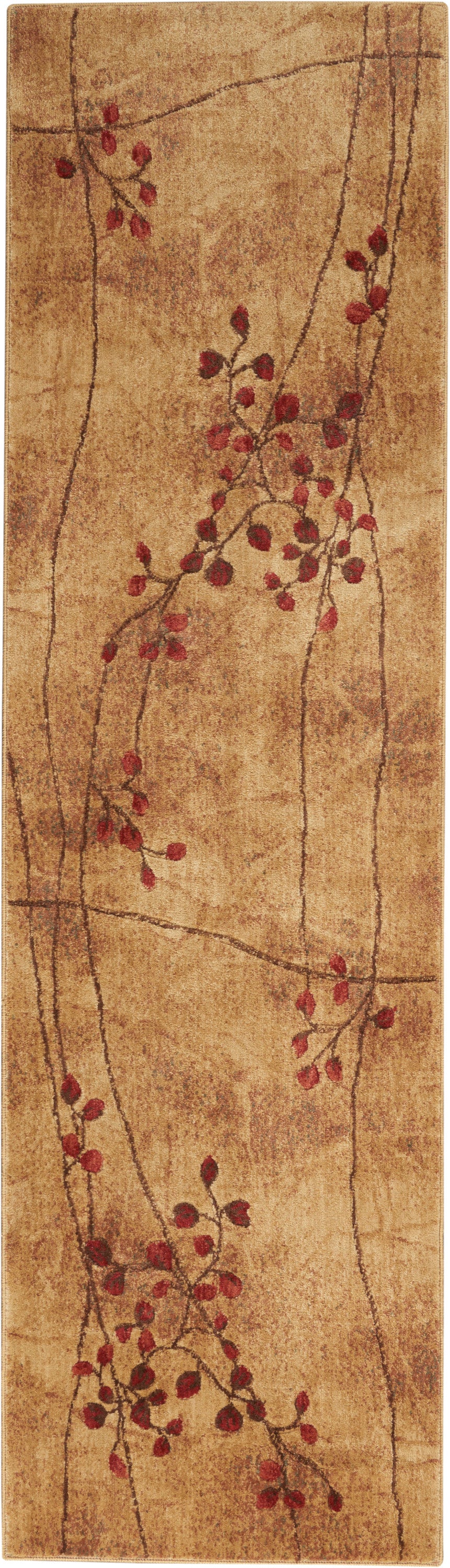 Tan rectangular 6' runner rug with dark brown vine branches and red berry clusters.