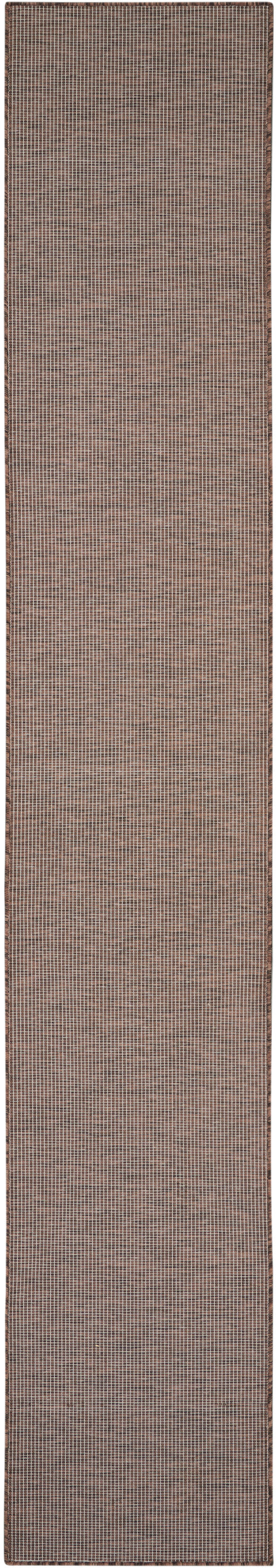 Long brown woven rug runner with a tiny checkered pattern, taupe and beige tones, bordered edges.