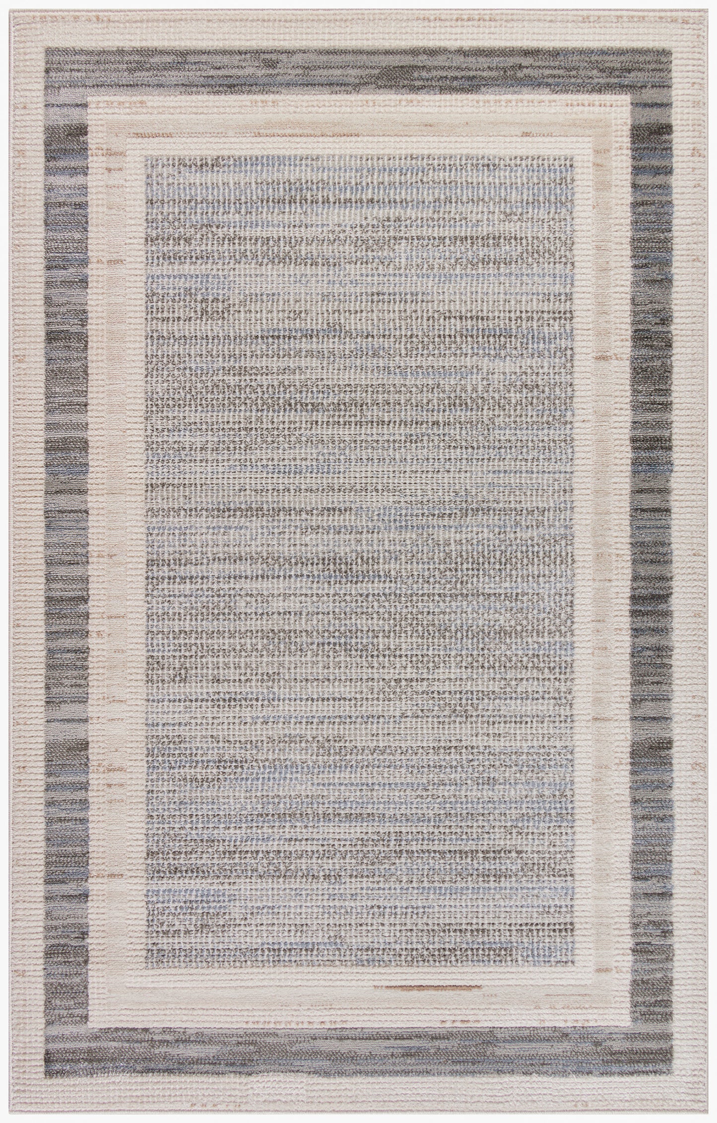 Layered border area rug in cream, beige, taupe & blue-gray; soft textured center, modern neutral style.