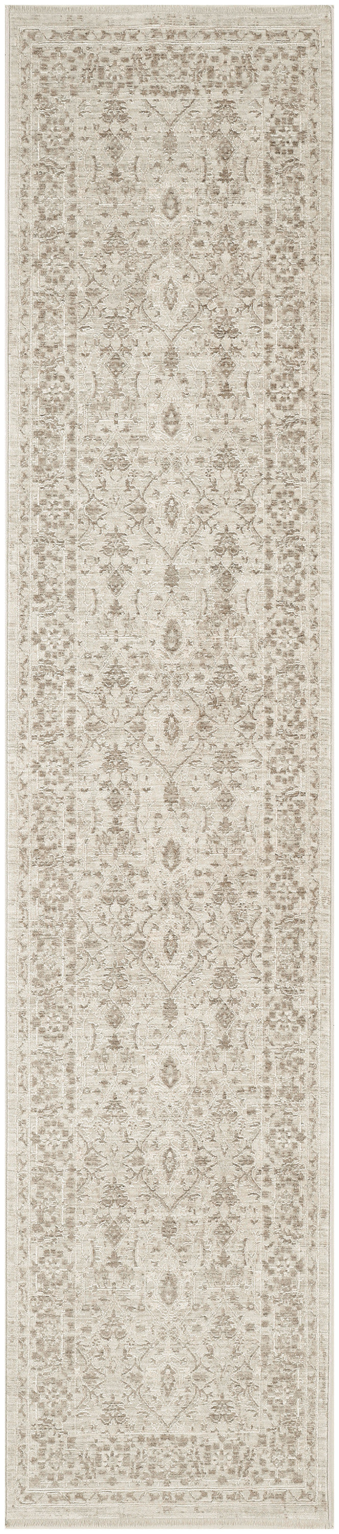 Long beige distressed oriental runner rug with muted taupe floral medallions and bordered edges.