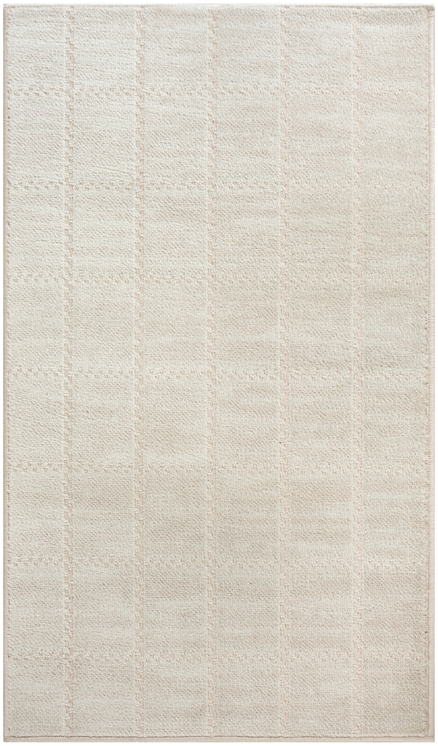 Cream woven area rug with subtle checkered stripe pattern; soft textured loops, rectangular shape.
