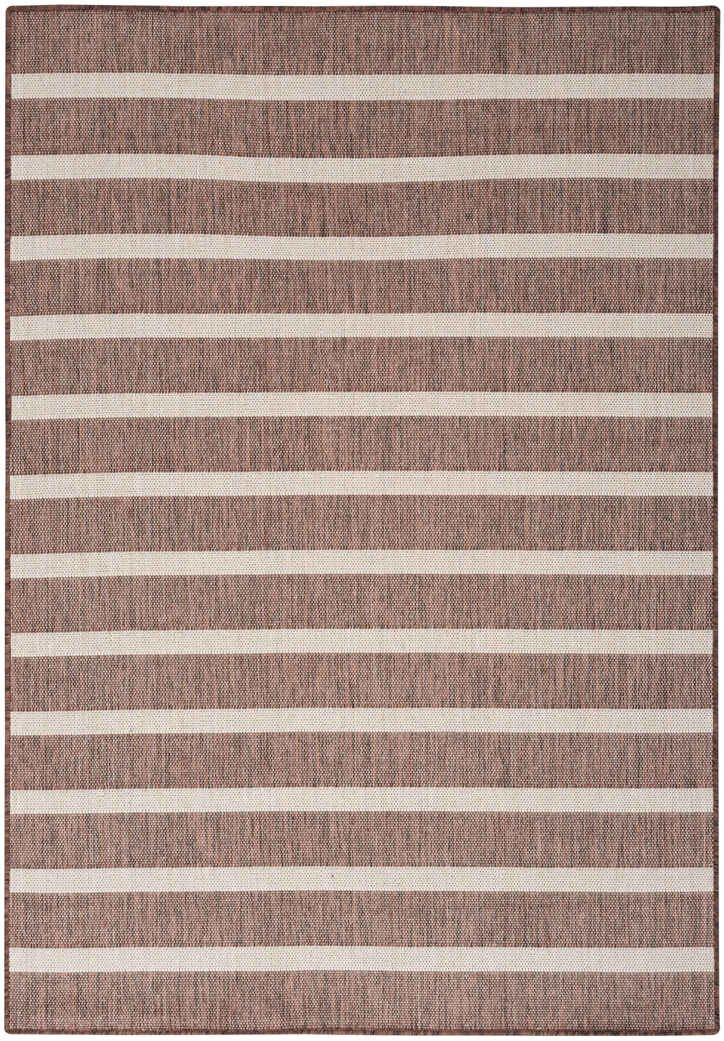 Brown textured rug with wide cream horizontal stripes; rectangular, woven rug, 7' x 10'.