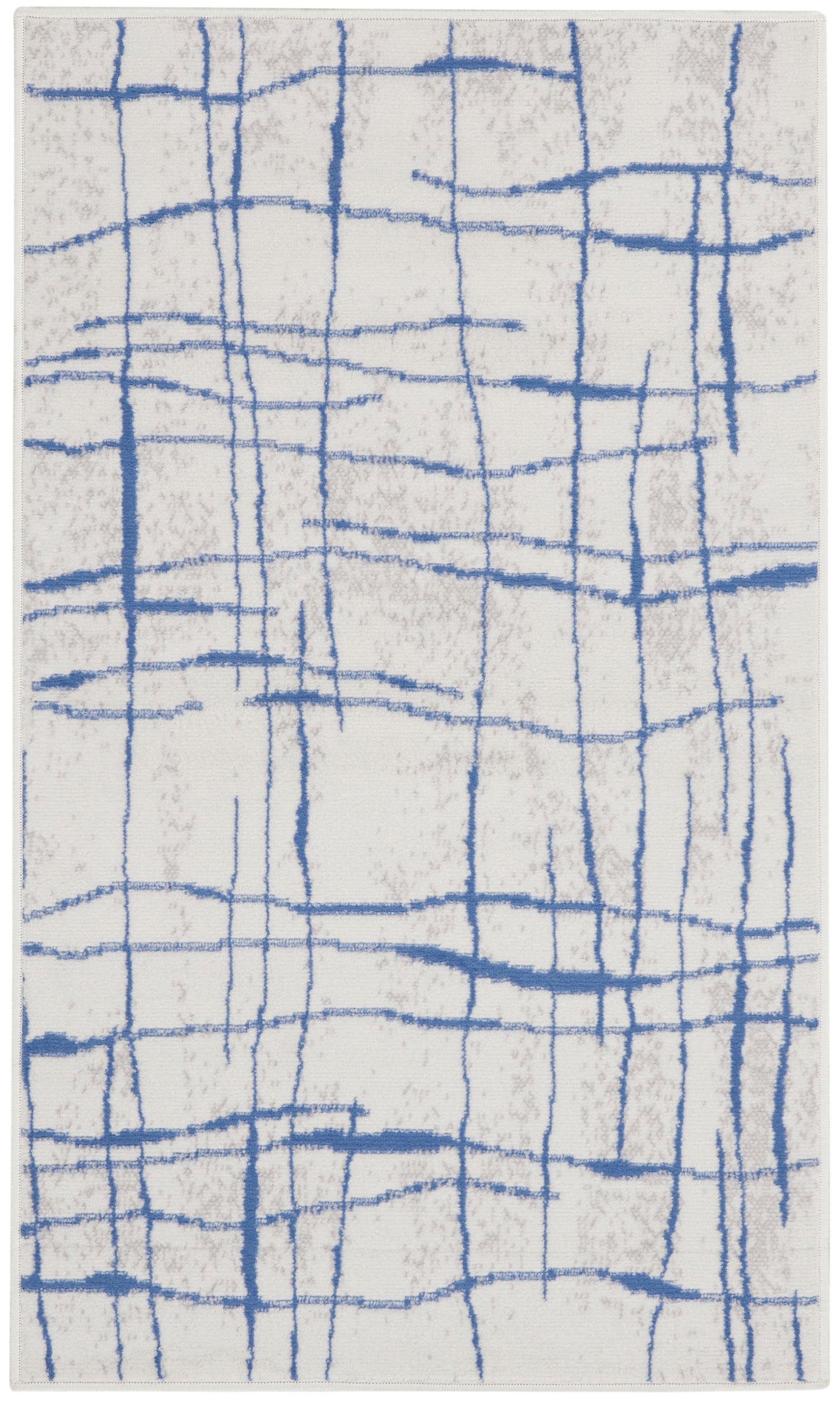 Abstract blue grid-lined area rug on beige background; modern geometric decor for living room.