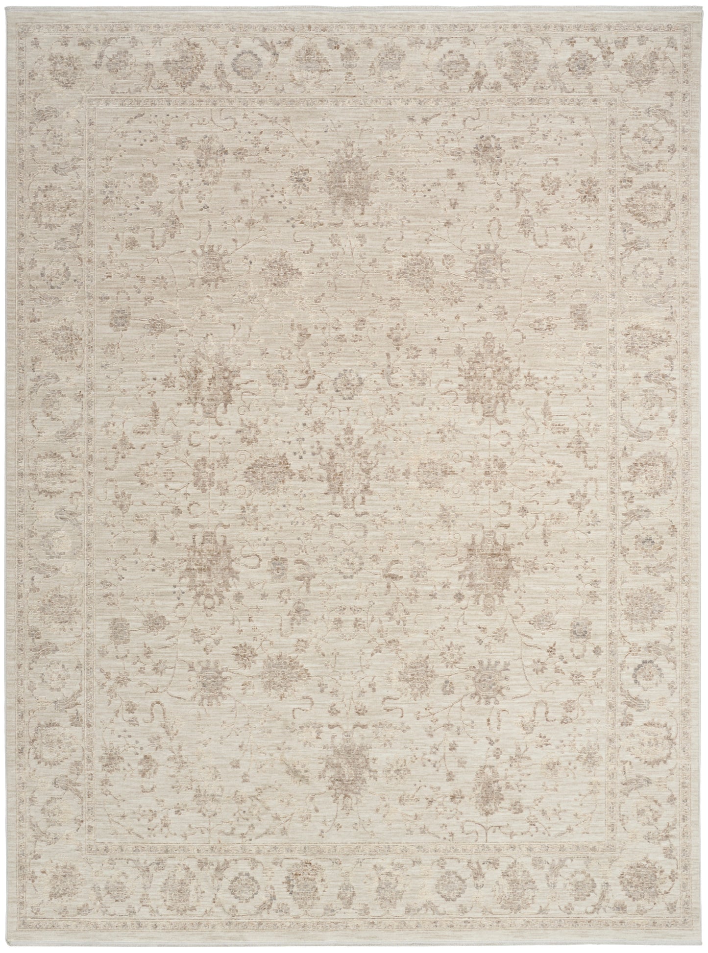 Beige vintage-style oriental rug with faded floral medallions and ornate border.