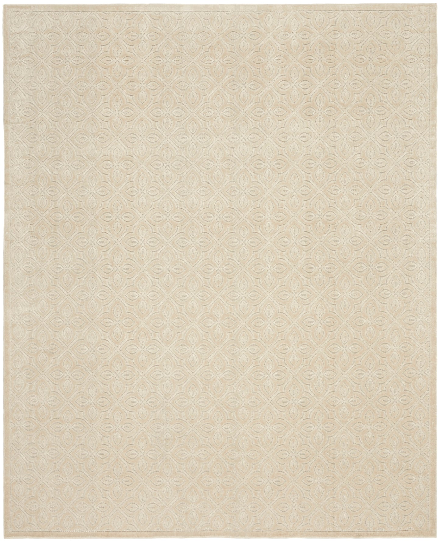 Beige area rug with subtle embossed diamond pattern and floral accents; soft, neutral woven texture.