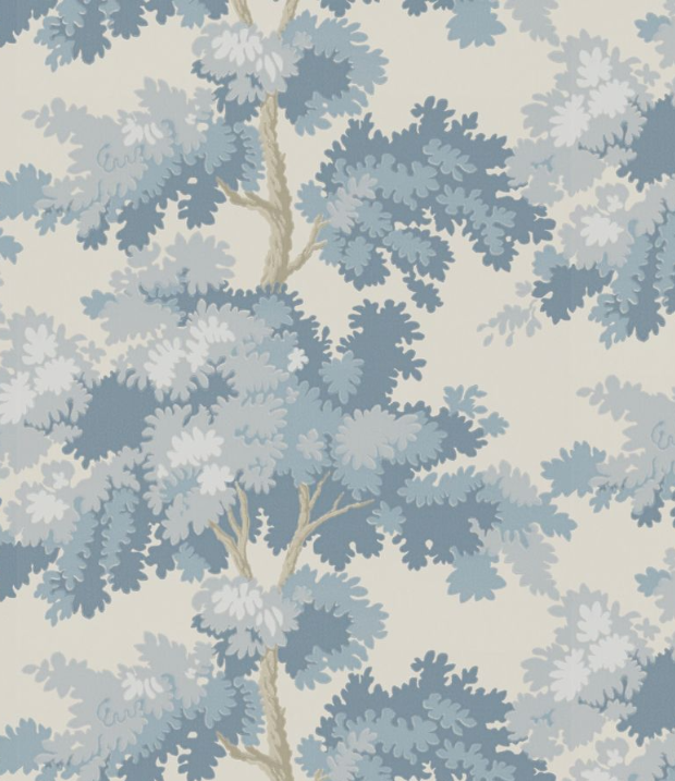 Blue-gray leafy botanical wallpaper with layered fern-like leaves in soft blues on beige background.