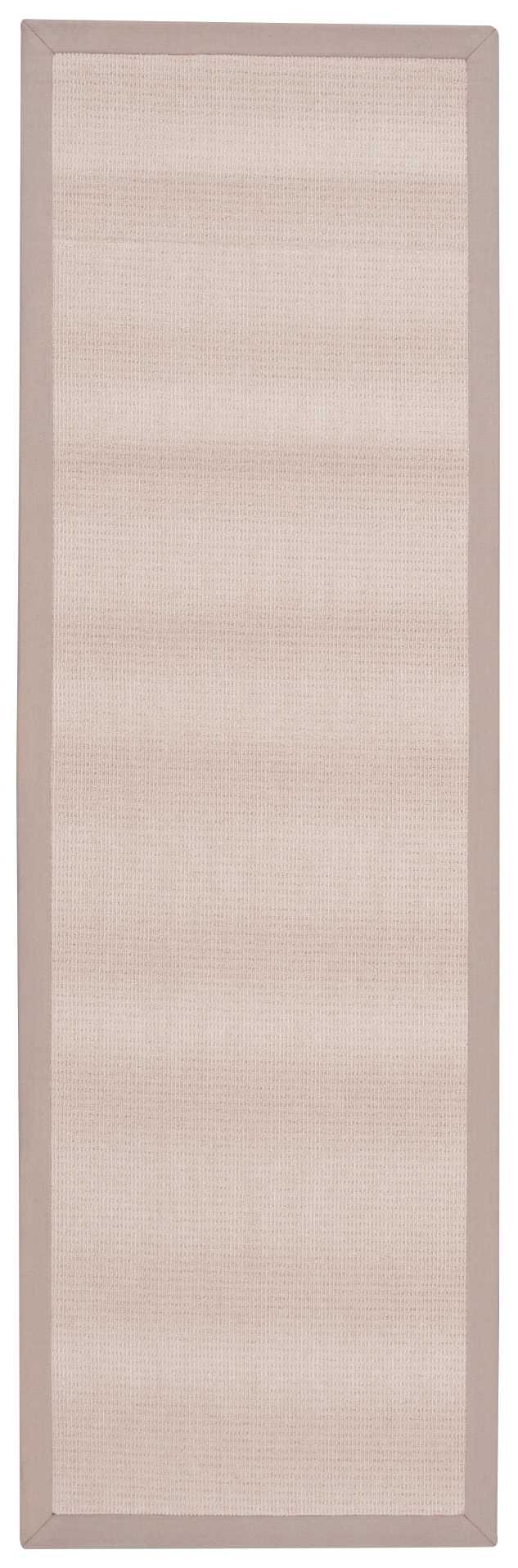Long rectangular woven runner rug with a beige center and taupe border.