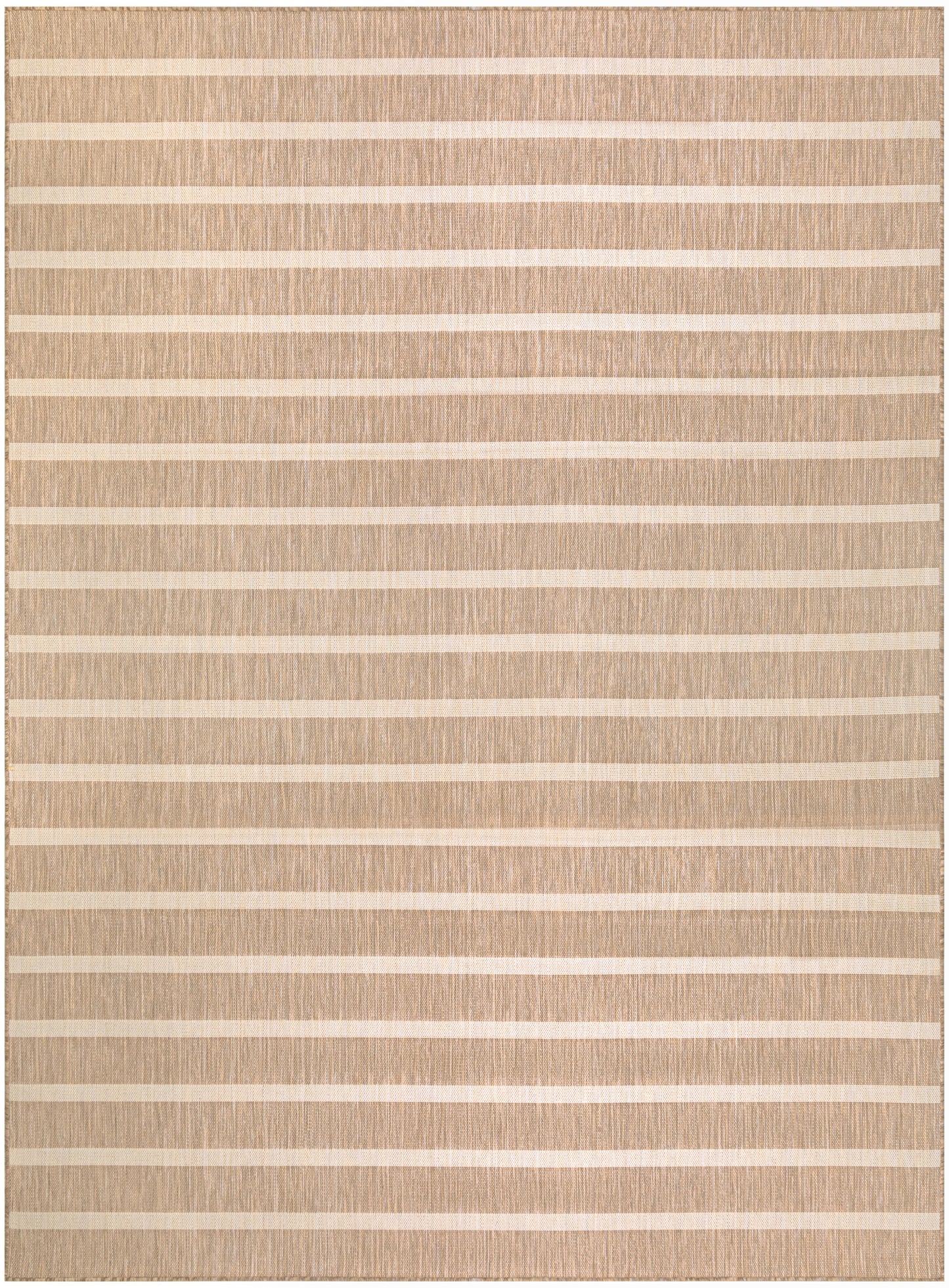 Beige woven rug with horizontal cream stripes and a subtle textured weave.