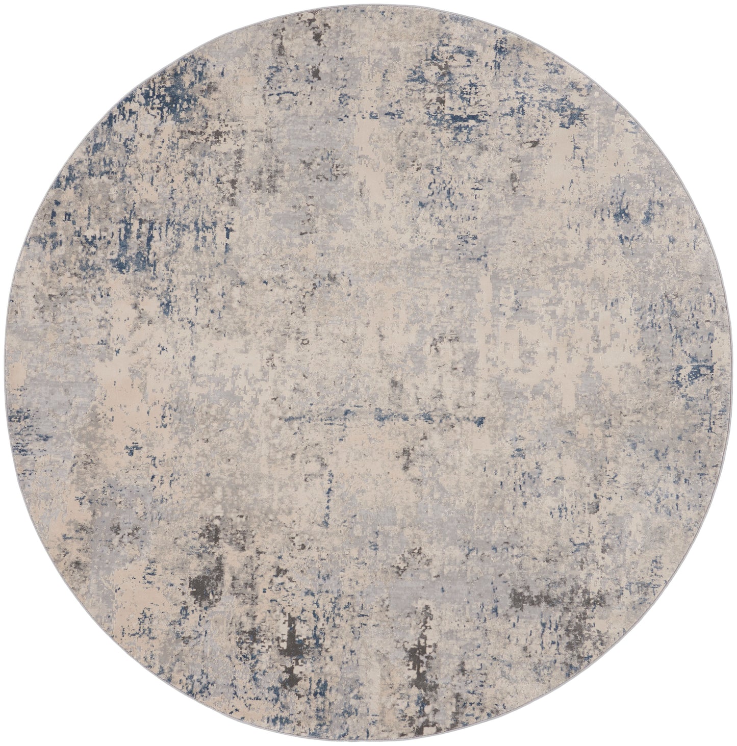 Round area rug with abstract distressed pattern in beige, gray and blue-gray tones.