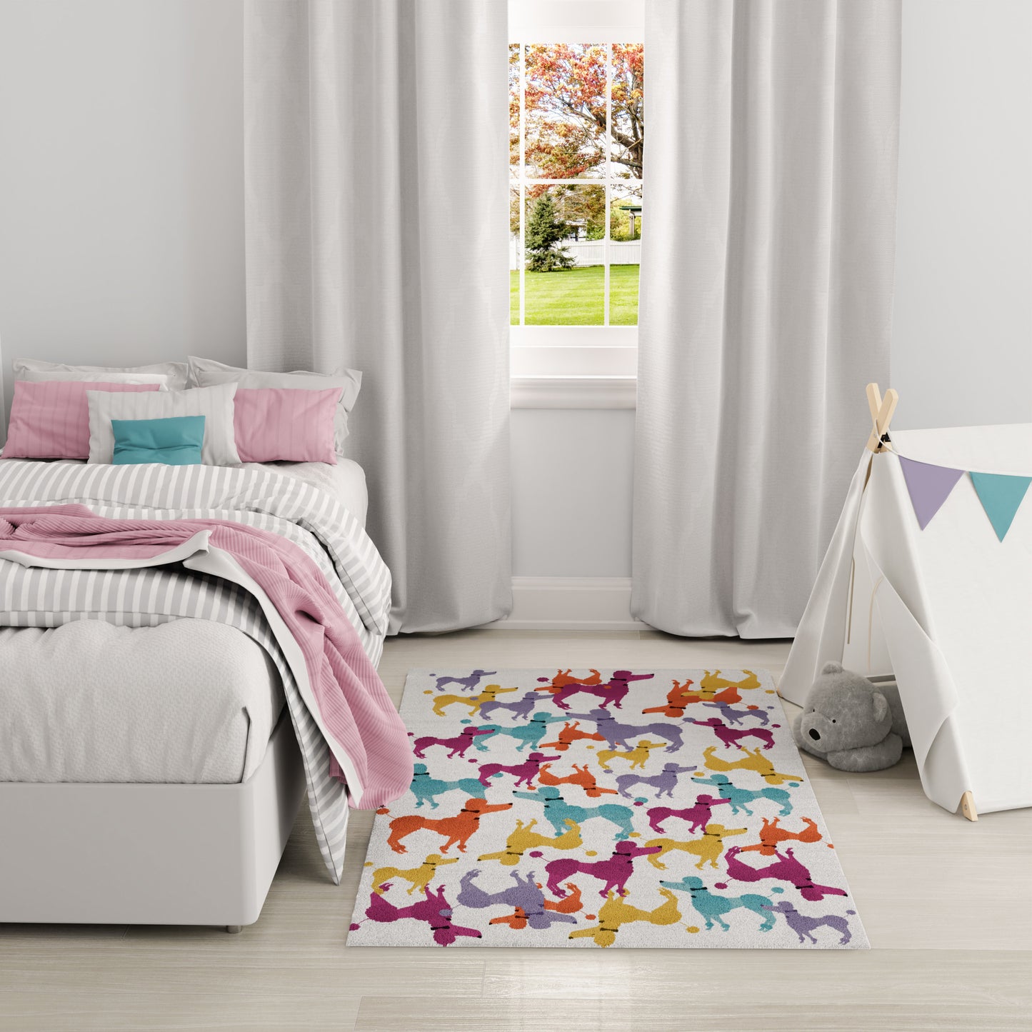 Kids' room with gray curtains, white bed, pillows, striped bedding, colorful horse rug, and a white teepee with bunting.