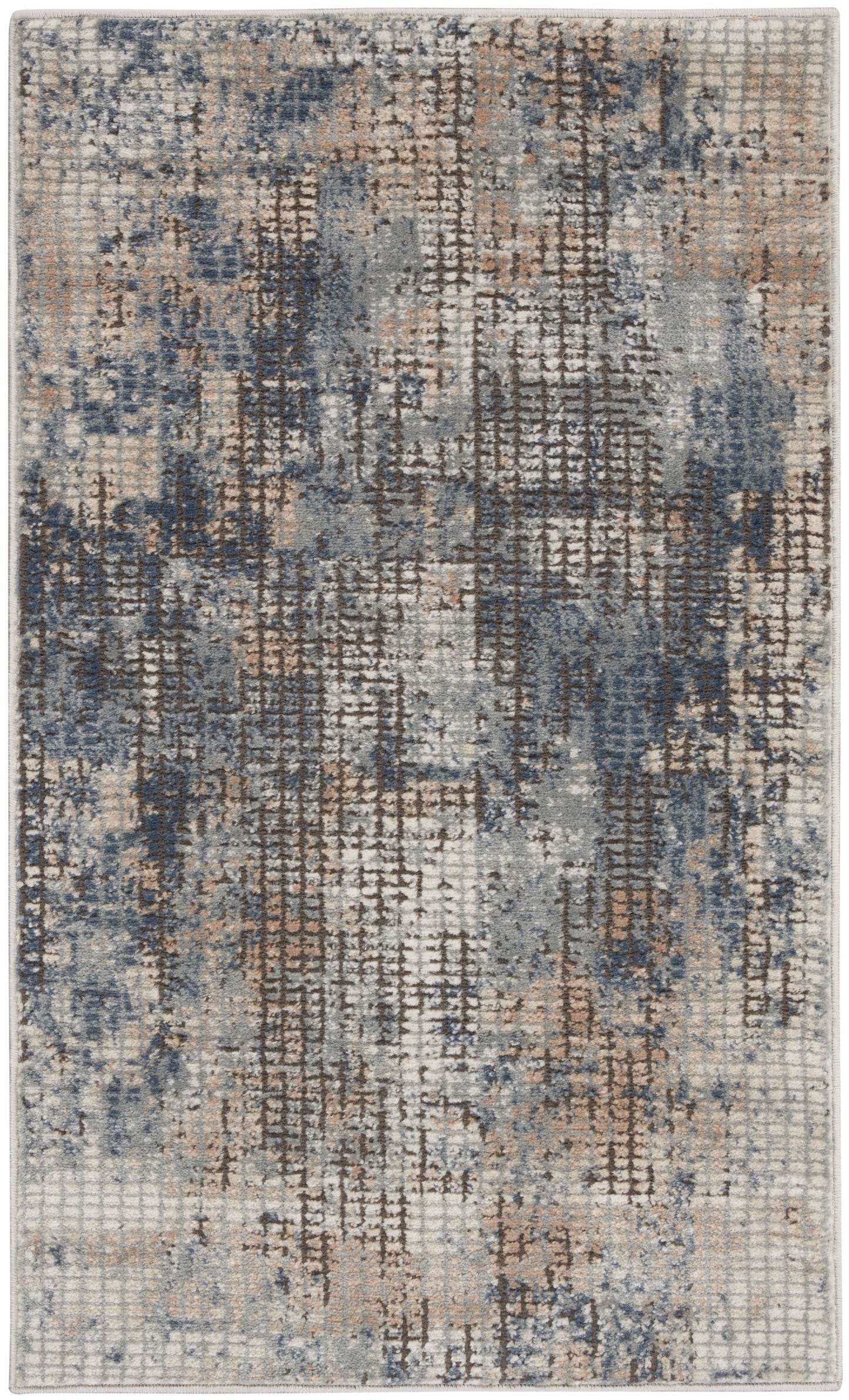 Abstract blue-gray beige woven rug with distressed grid pattern, modern rectangular decor.