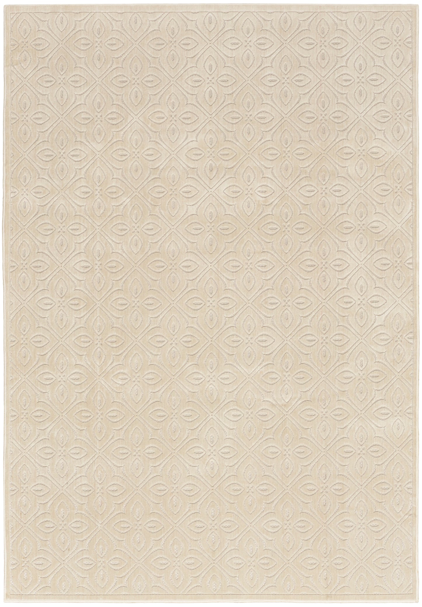 Beige rectangular rug with subtle embossed circular geometric pattern and woven texture.