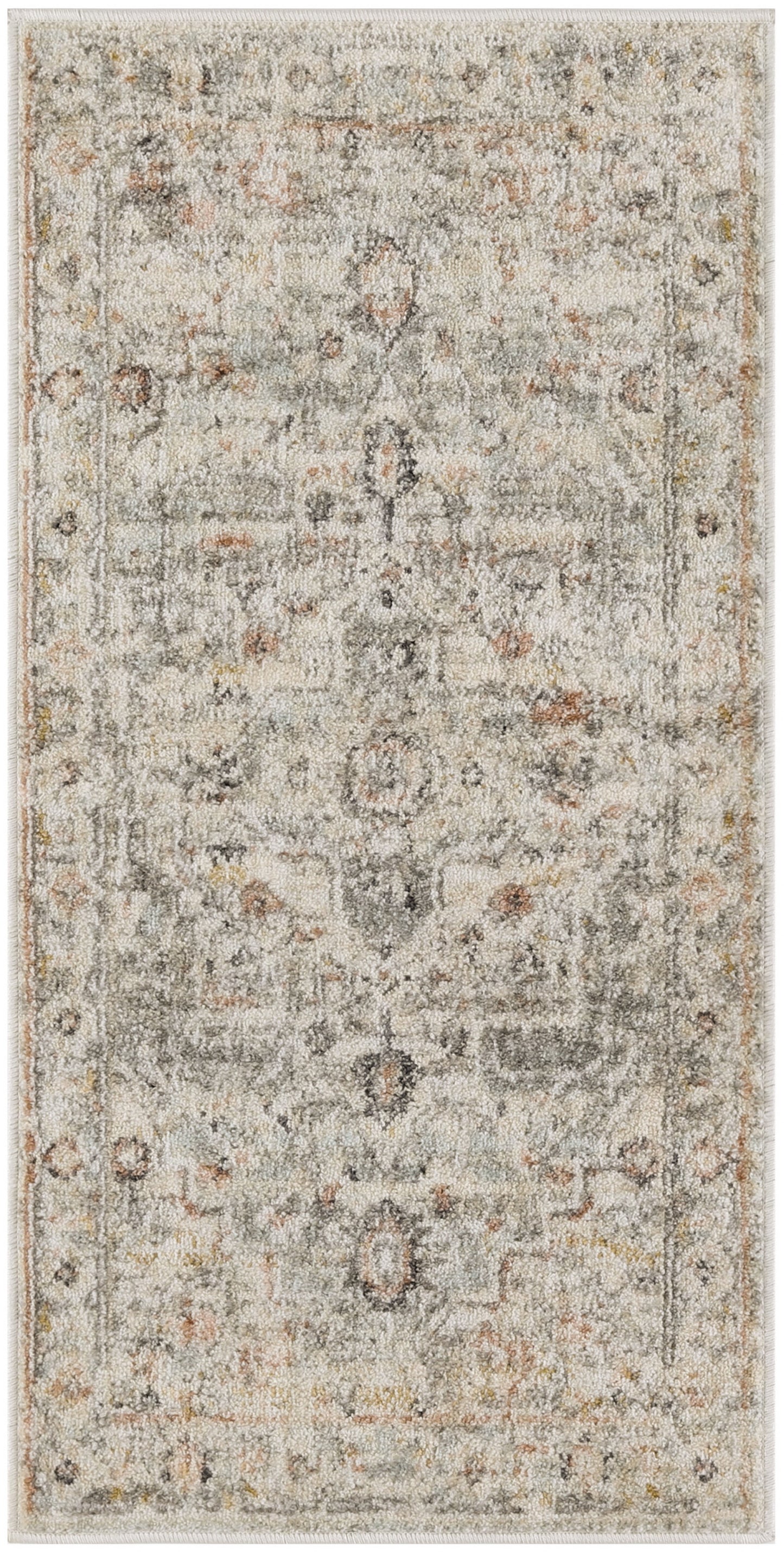 Rectangular distressed oriental area rug in ivory, grey & beige with subtle rust highlights; vintage floral medallion motif.