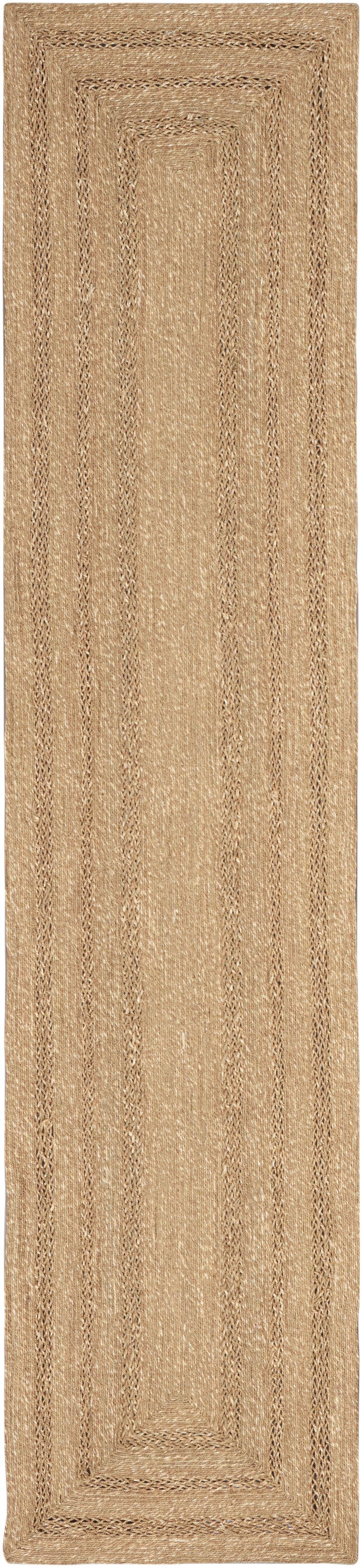 Natural beige jute runner rug with concentric rectangular braided borders and textured weave.