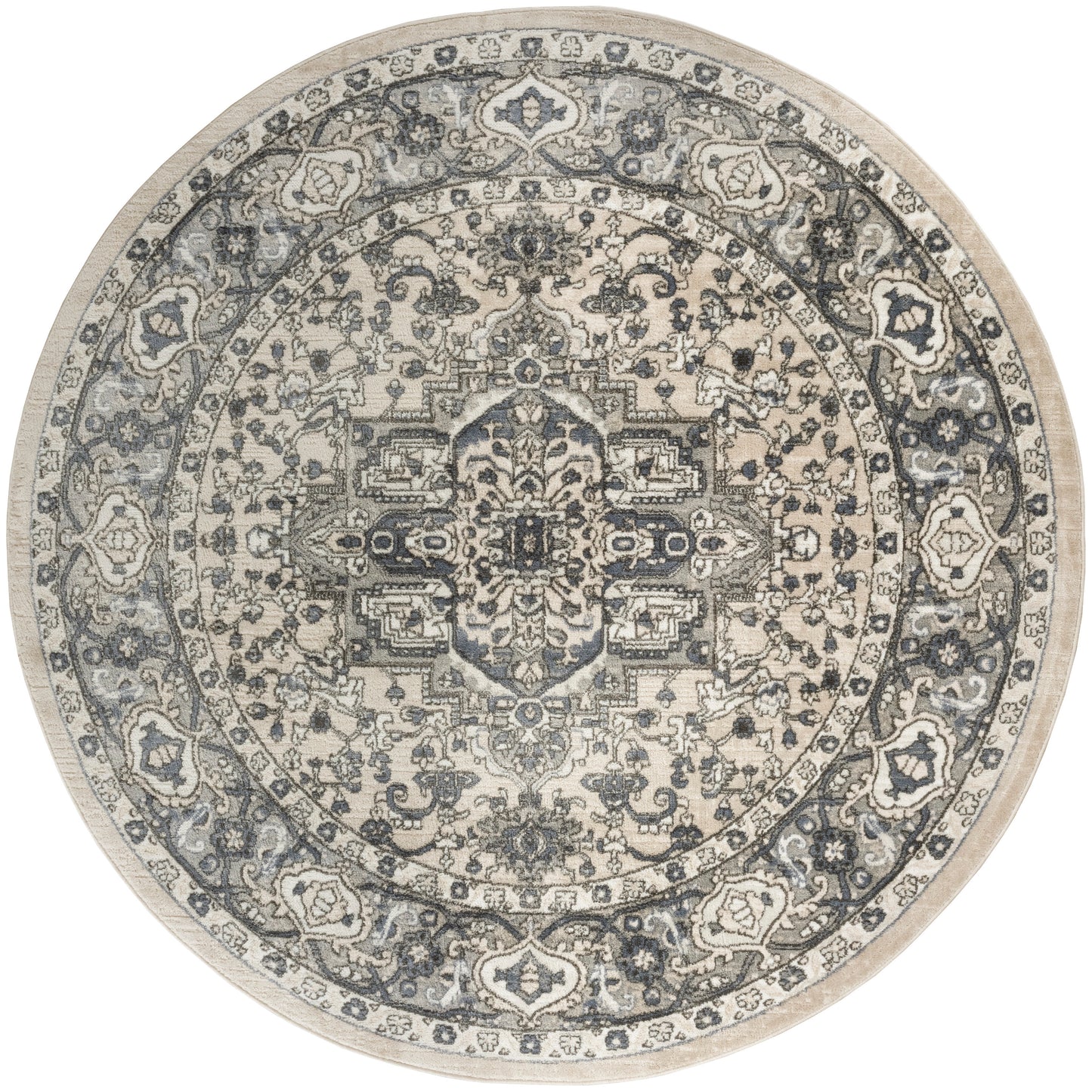 Round Persian-style rug in blue-gray and beige with an intricate floral medallion and ornate border.